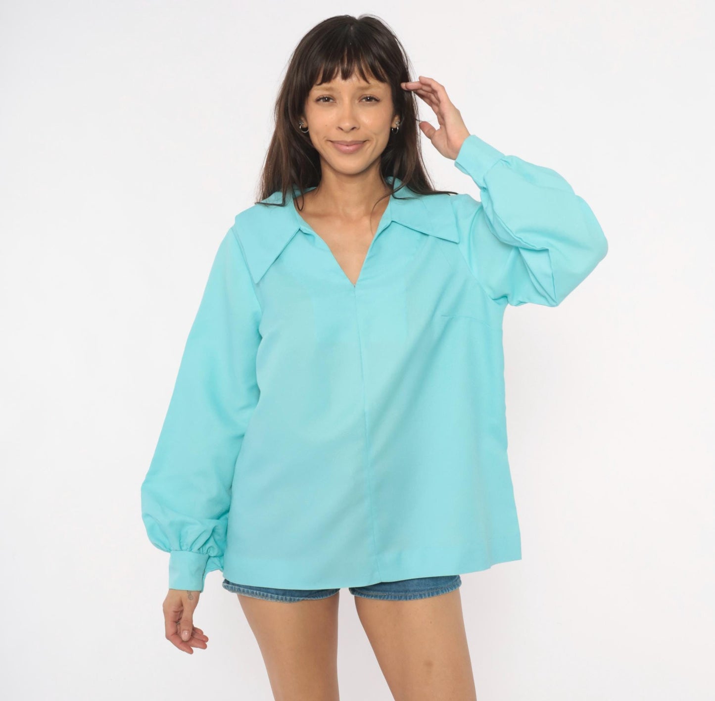 70s Aqua Pullover Blouse V Neck Bishop Sleeve Tunic Large L