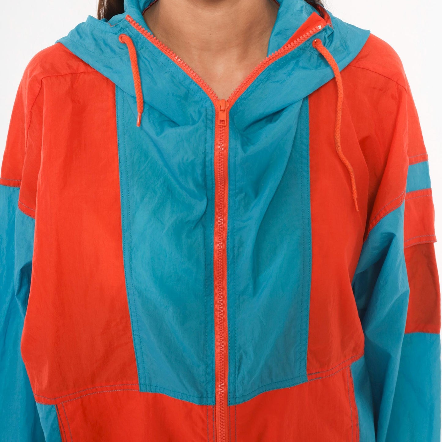 80s Sbi Teal Orange Colorblock Windbreaker Hooded Nylon Jacket Small