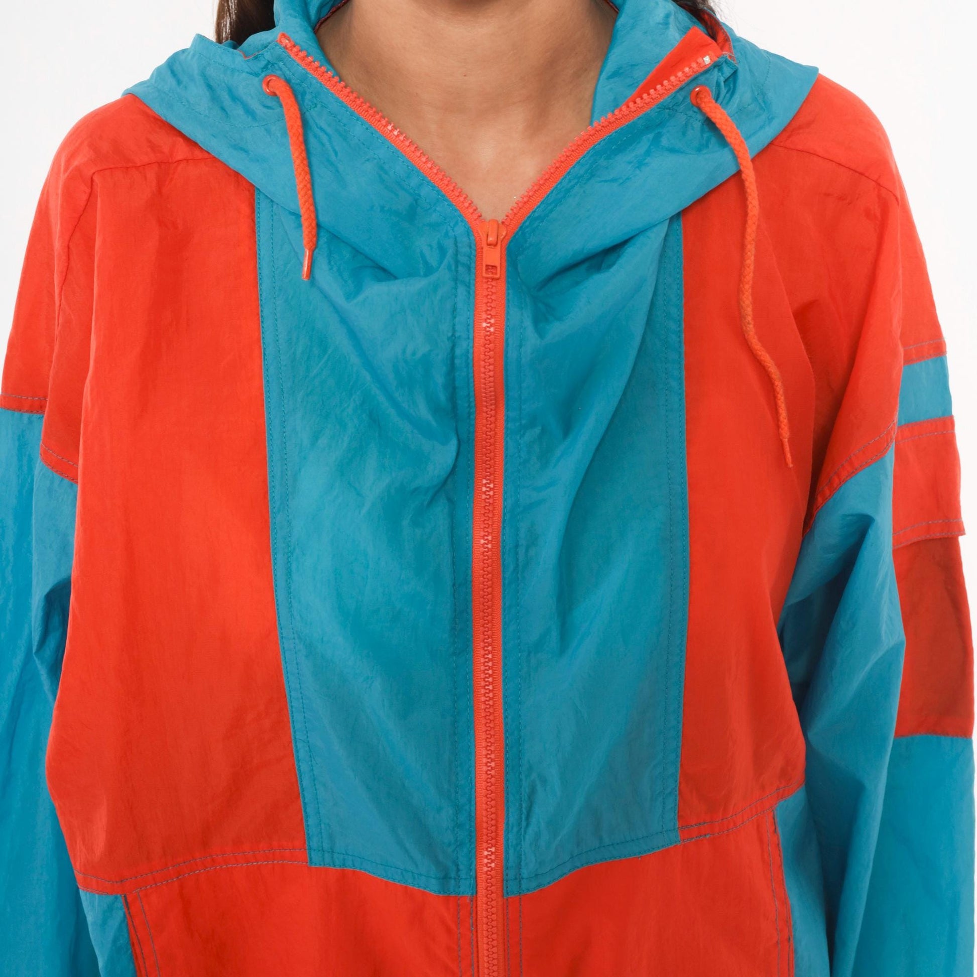 80s Sbi Teal Orange Colorblock Windbreaker Hooded Nylon Jacket Small