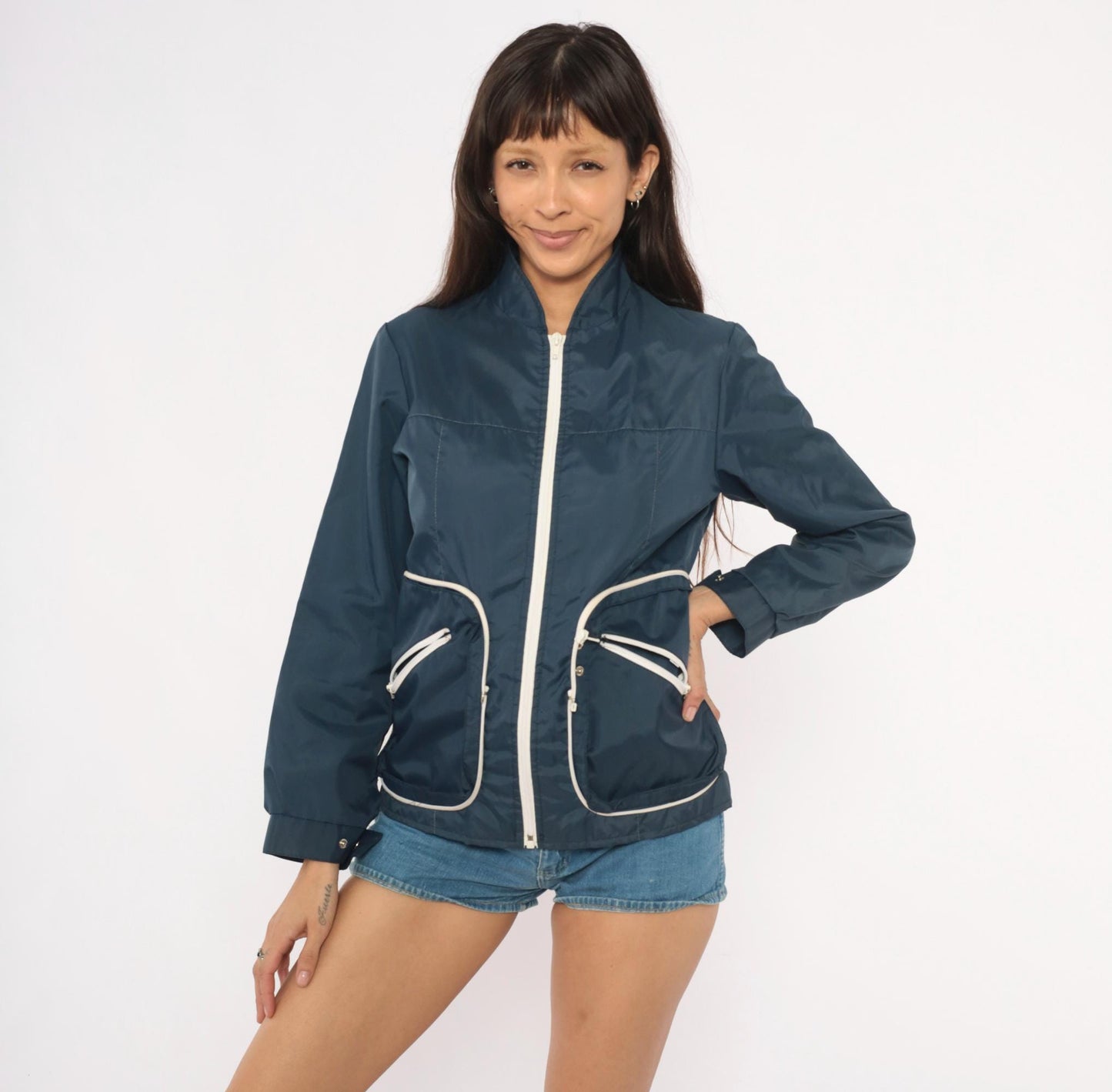 70s Navy Windbreaker White Contrast Zipper Stand Collar Shell Jacket Small S