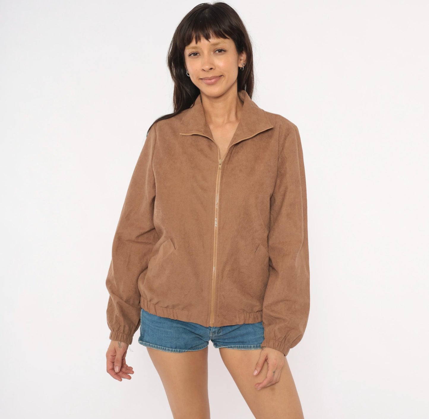 80s Blair Tan Faux Suede Bomber Jacket Zip Harrington Collar Medium