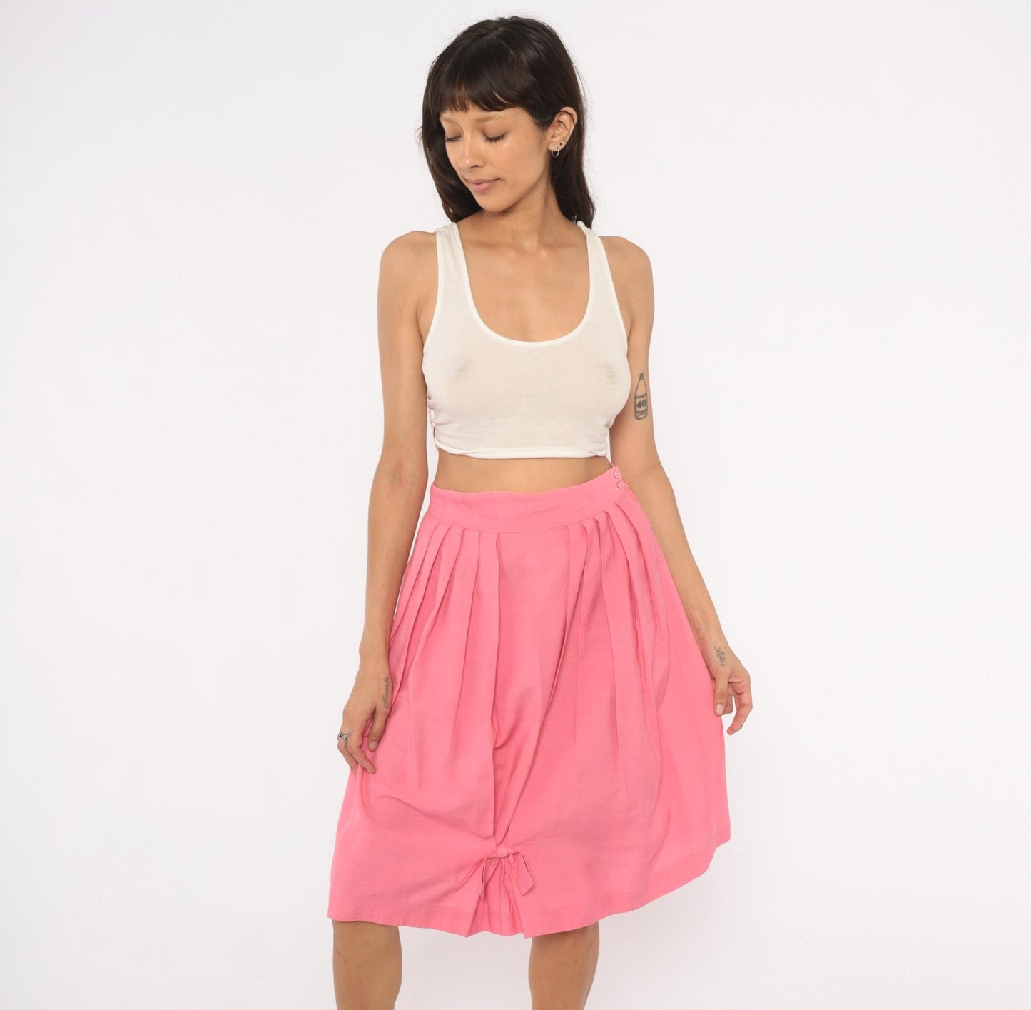 60s Pink Pleated Skirt High Waist Bubble Bow Tie Full Skirt Small