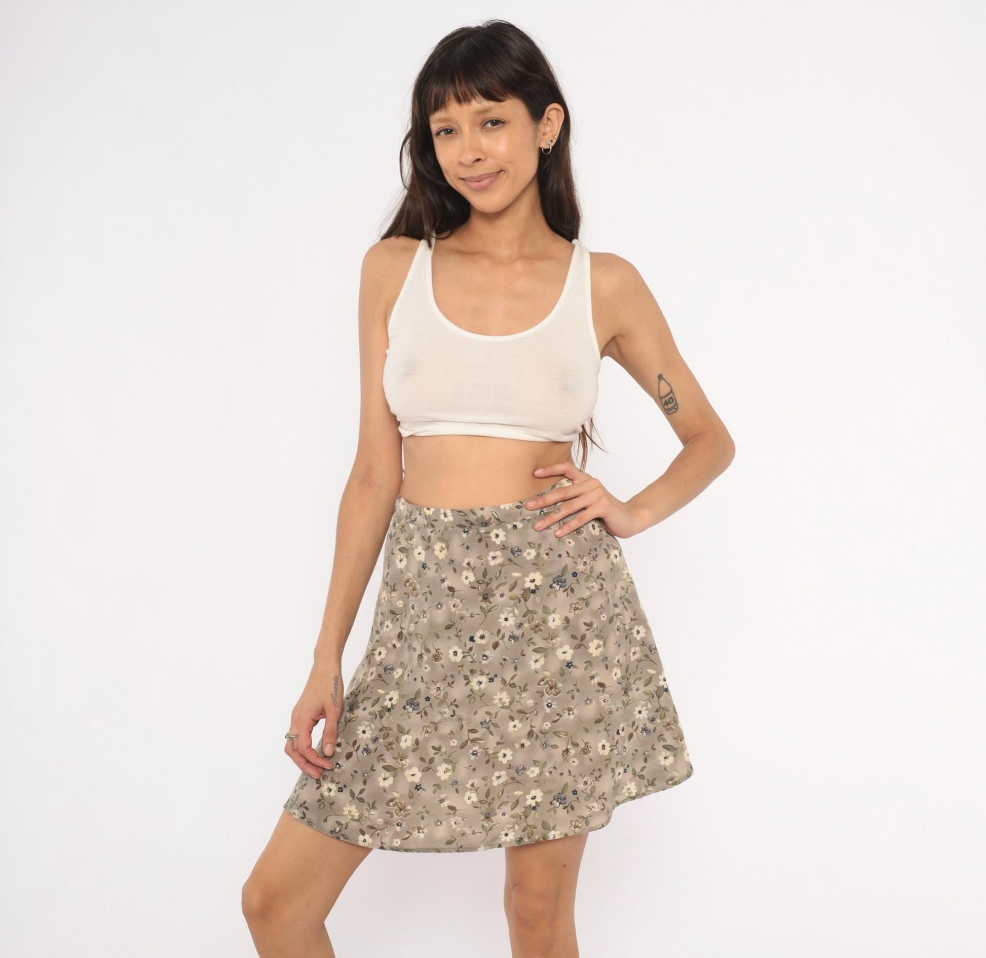 90s We Too Floral Mini Skirt Taupe Ditsy Print A-Line Small S