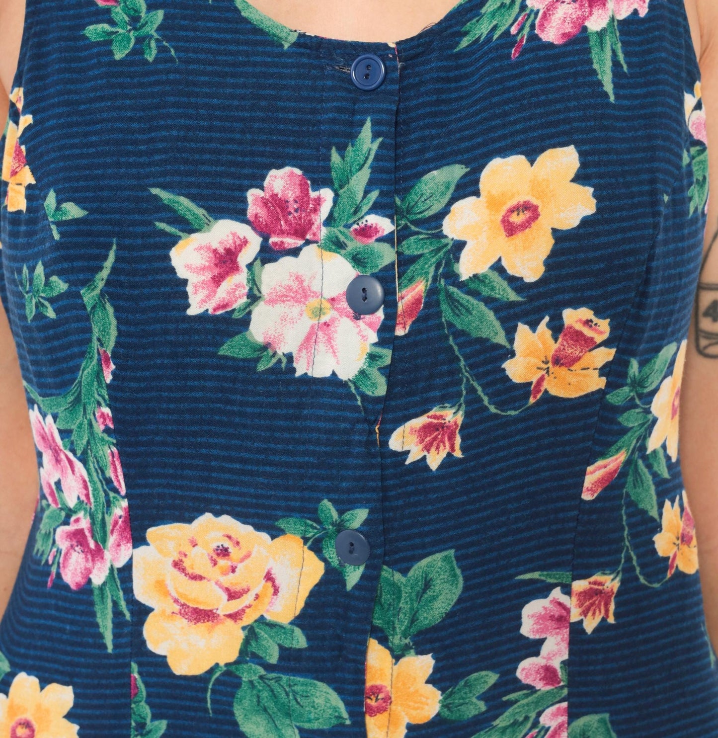 90s Tr Bentley Floral Sundress Navy Blue Yellow Rose Print Medium M
