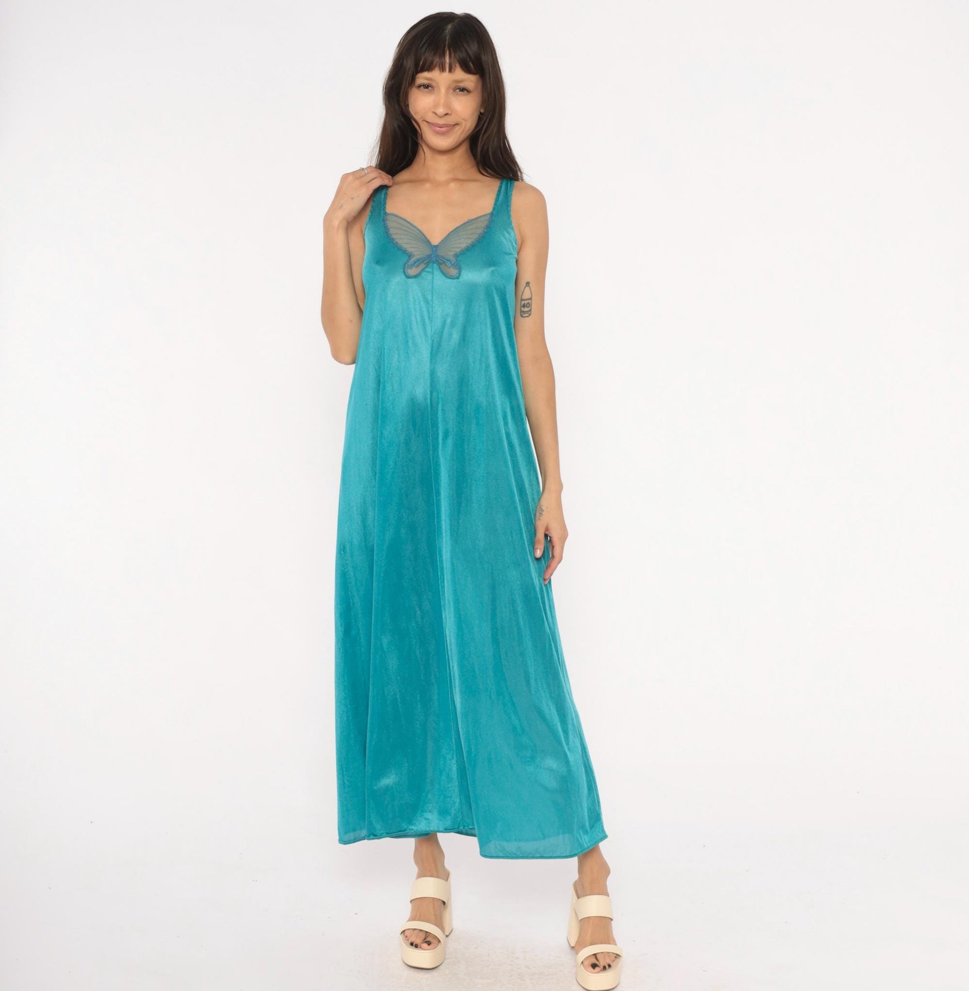 70s Undercover Wear Teal Maxi Nightgown Butterfly Mesh V-Neck Small