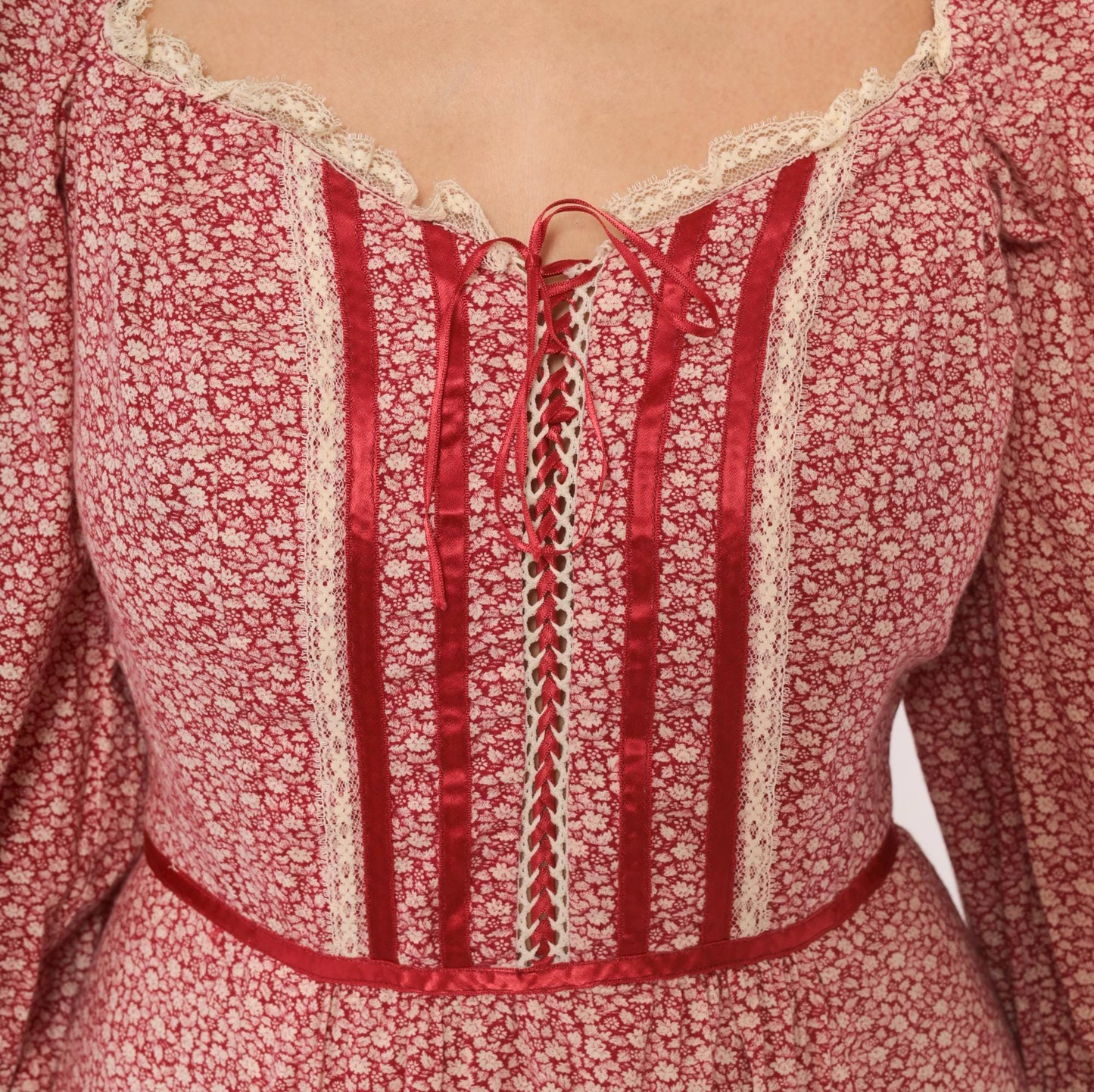 70s Wildes Red Calico Prairie Dress Lace Corset Puff Sleeve Maxi Small