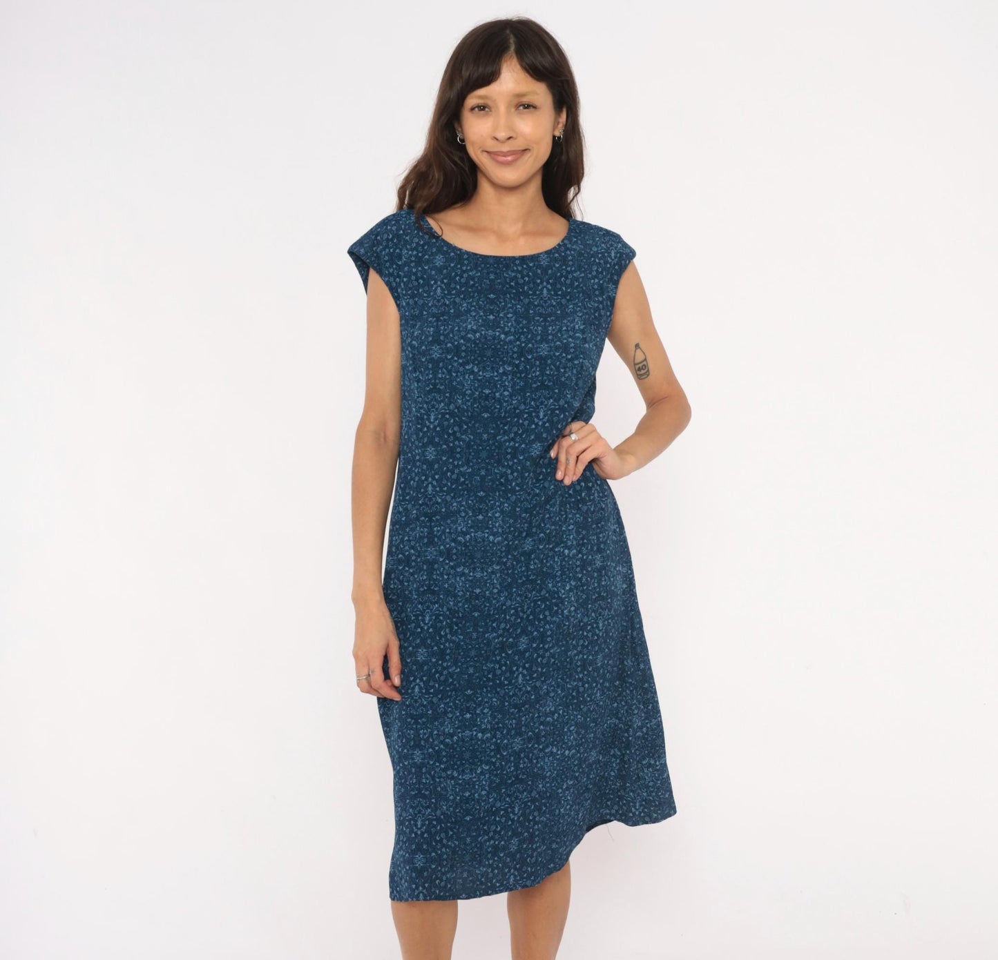 90s Talbots Indigo Floral Cotton Shift Dress Navy Cap Sleeve Large L