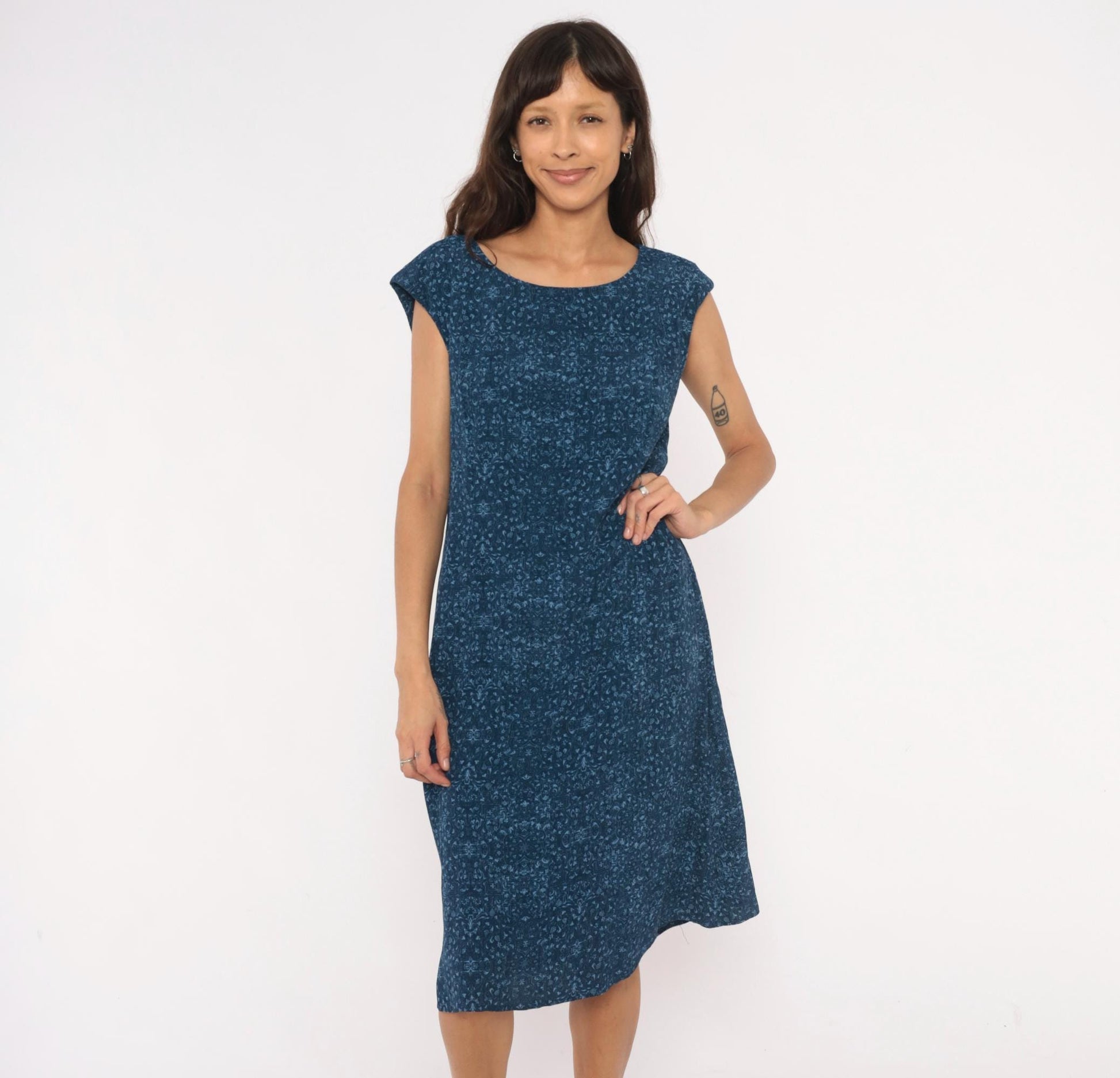 90s Talbots Indigo Floral Cotton Shift Dress Navy Cap Sleeve Large L