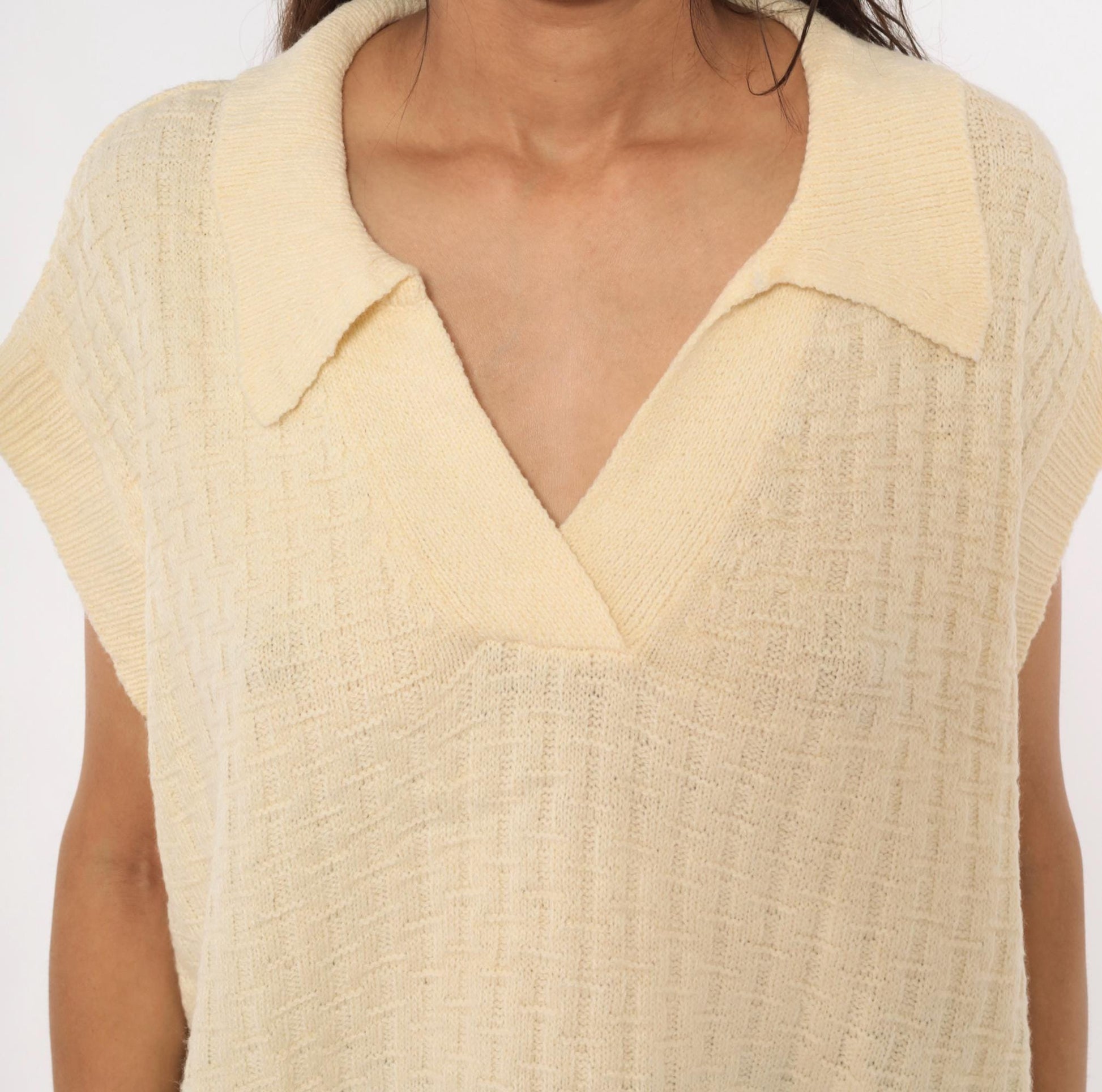 70s Cream Knit Polo Sweater Cap Sleeve V-Neck Collared Pullover Extra Large XL