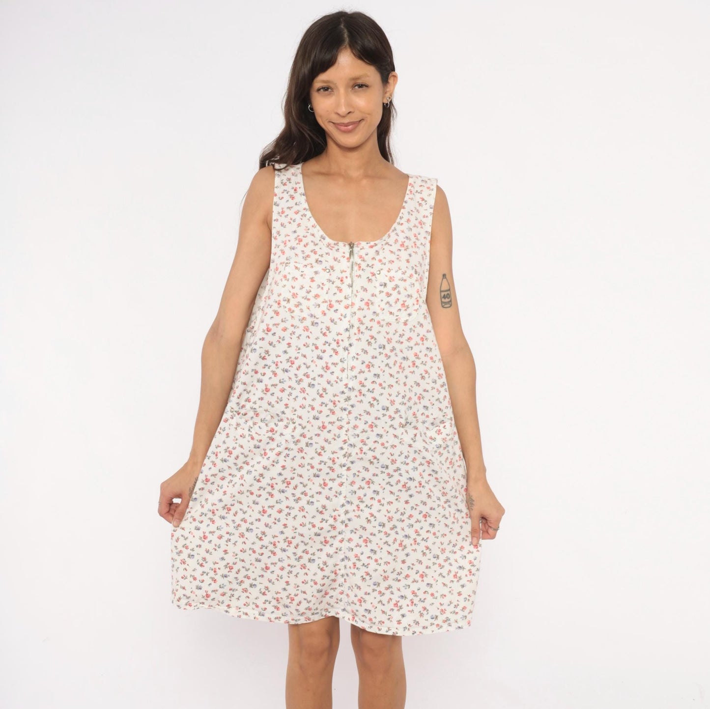 90s Take Nine Maternity Floral Jumper Dress White Cotton Knee-Length Large L