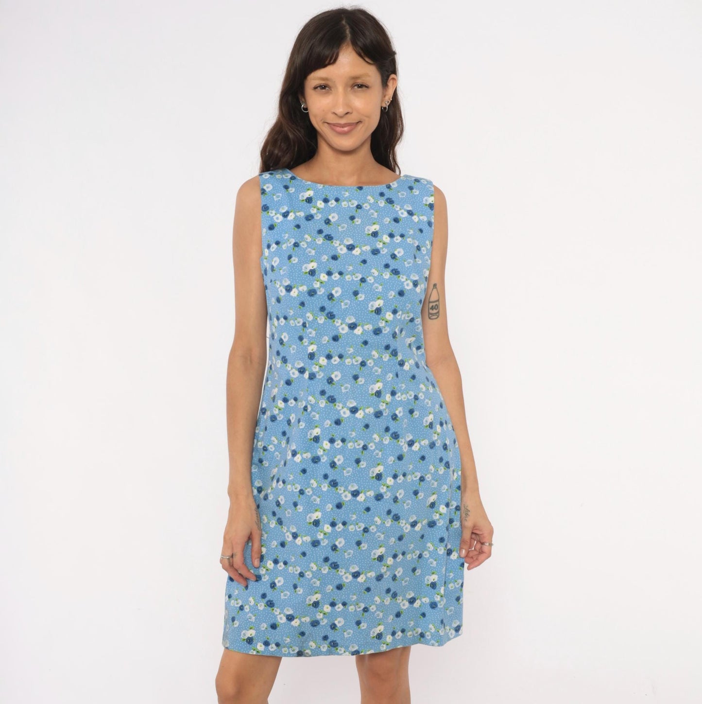 90s Cdc Floral Shift Dress Sky Blue Cotton Sleeveless Medium