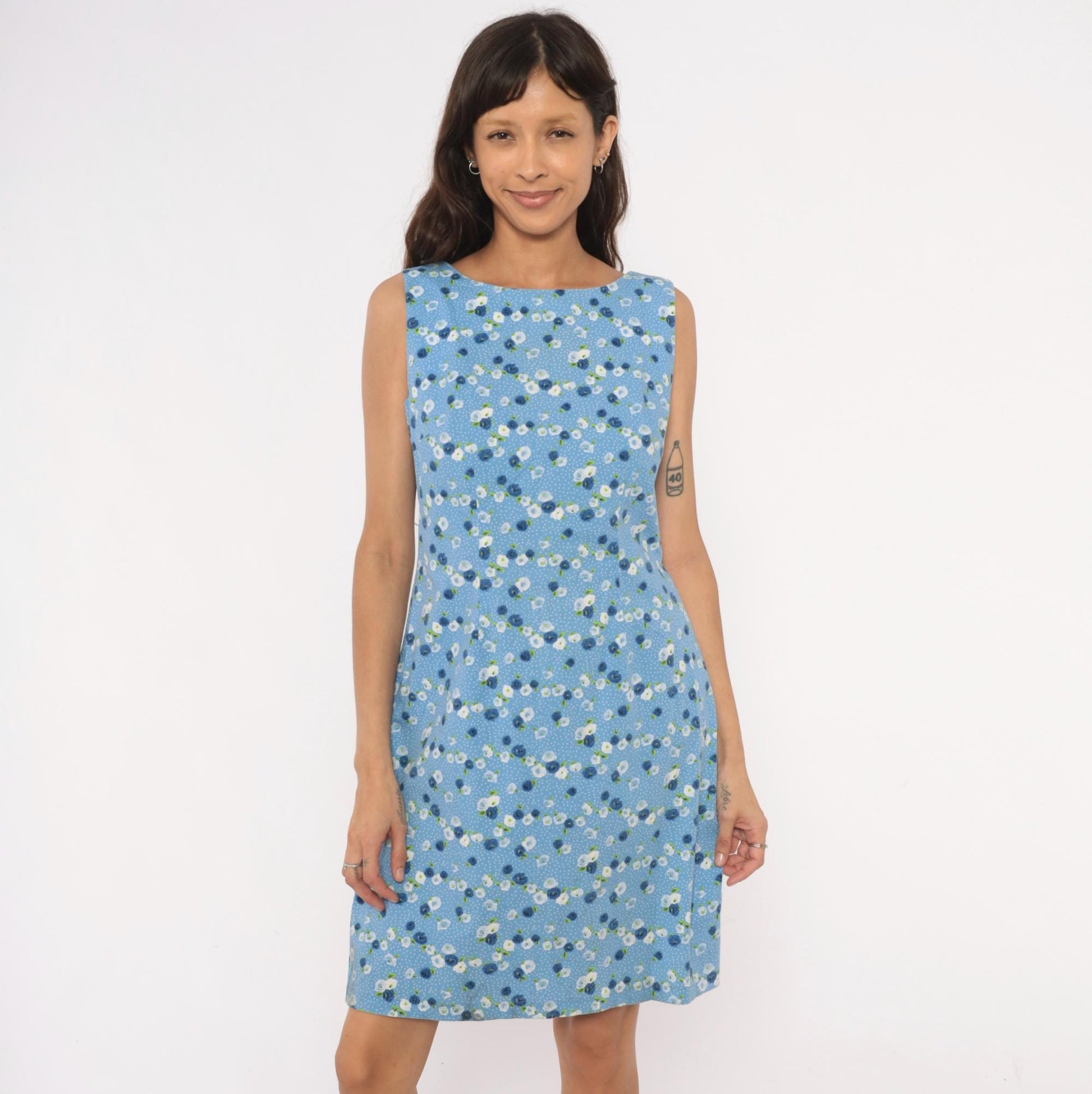 90s Cdc Floral Shift Dress Sky Blue Cotton Sleeveless Medium