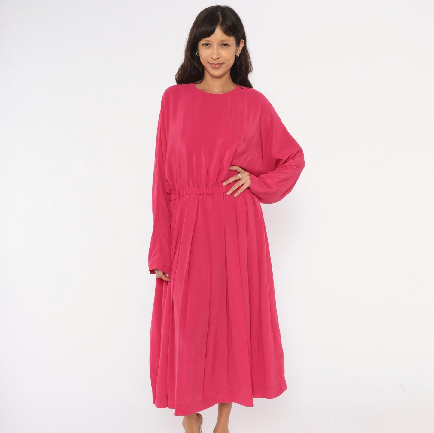 1980s J.Ellis II Fuchsia Midi Dress Blouson Waist Pleated Skirt Extra Large
