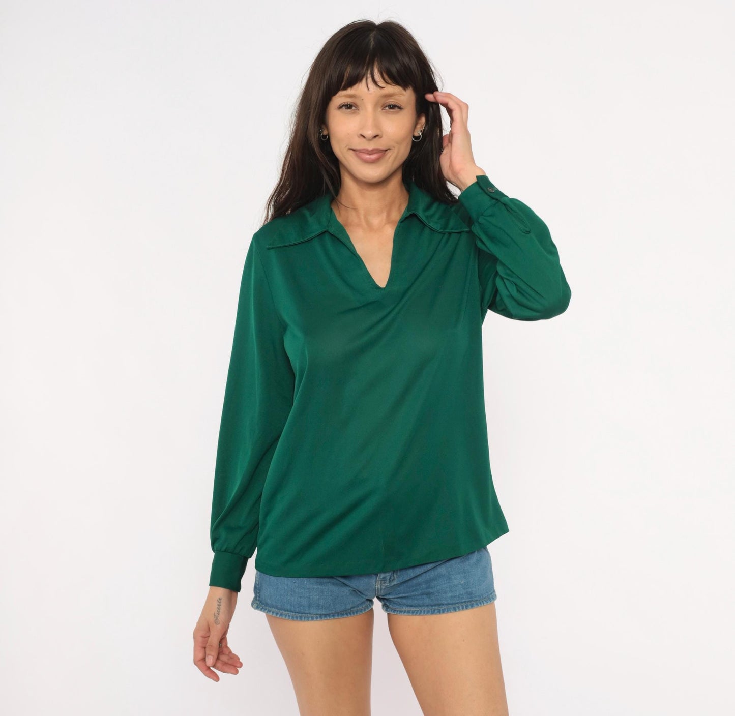 70s Sears Emerald Polo Blouse V-Neck Spread Collar Balloon Sleeve Large