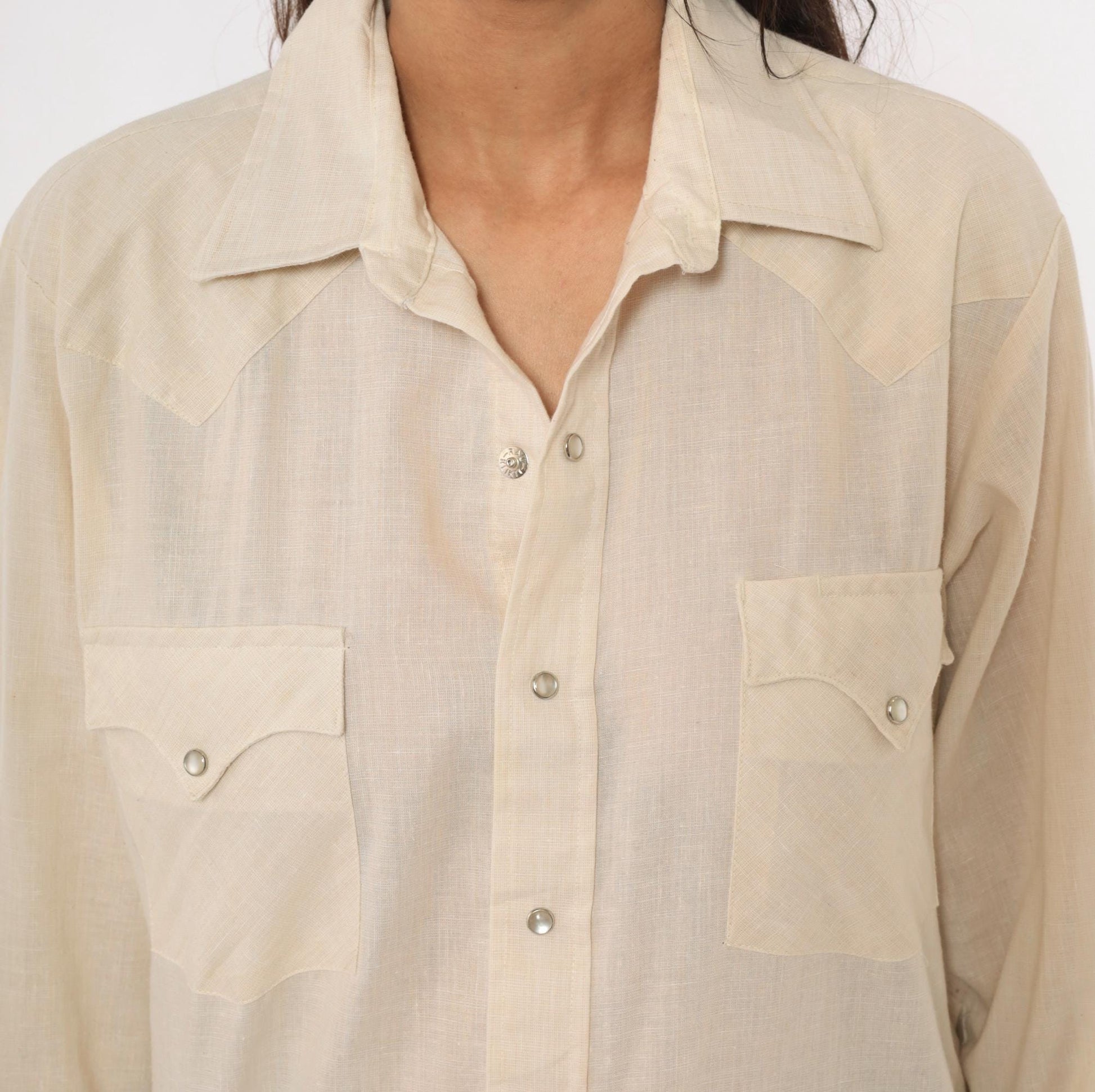 80s Karman Western Shirt Cream Pearl Snap Button Pointed Collar Mens Medium