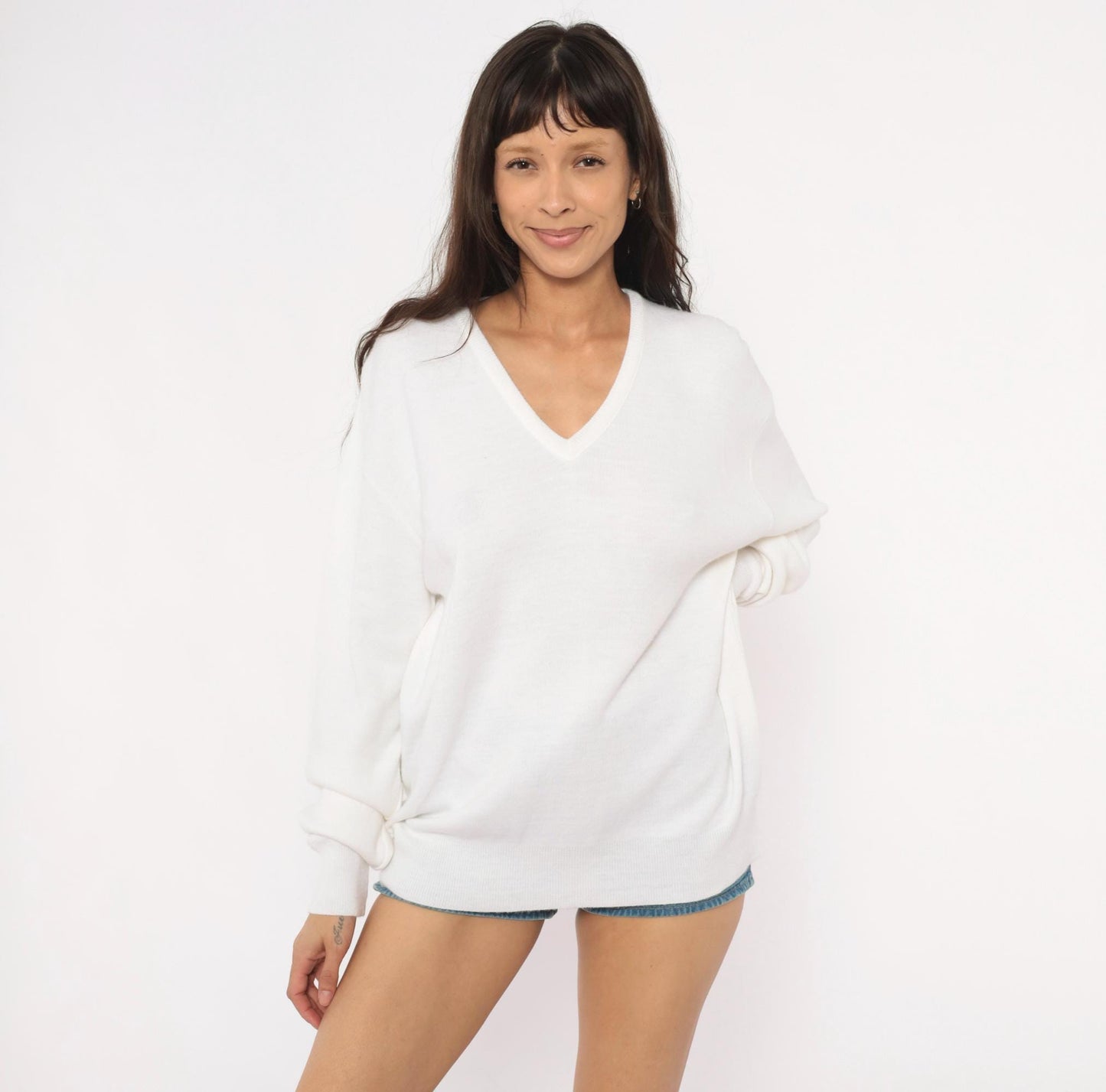 80s Jantzen V-Neck Pullover Sweater Ivory Knit Dropped Shoulder Extra Large
