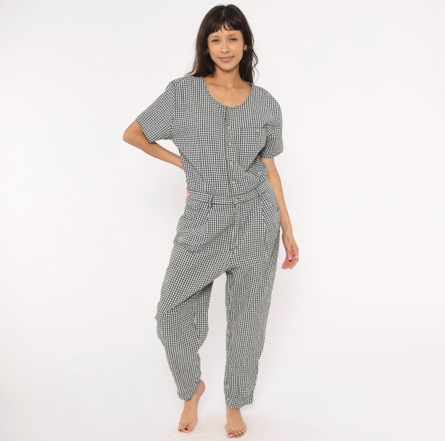 90s Lizwear Black White Gingham Cotton Jumpsuit Tapered Leg Large L