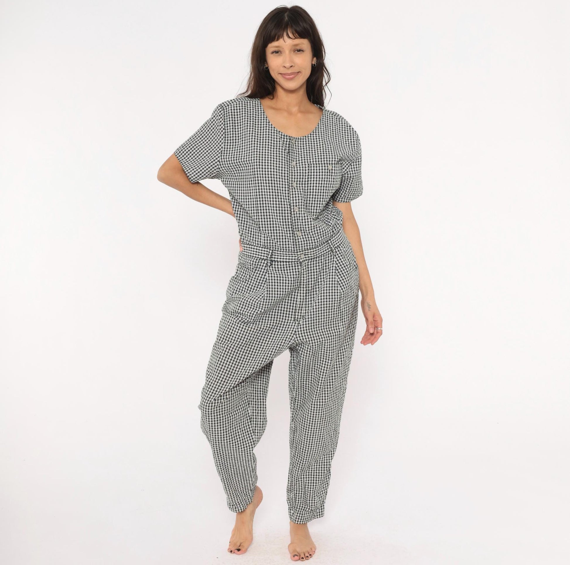 90s Lizwear Black White Gingham Cotton Jumpsuit Tapered Leg Large L