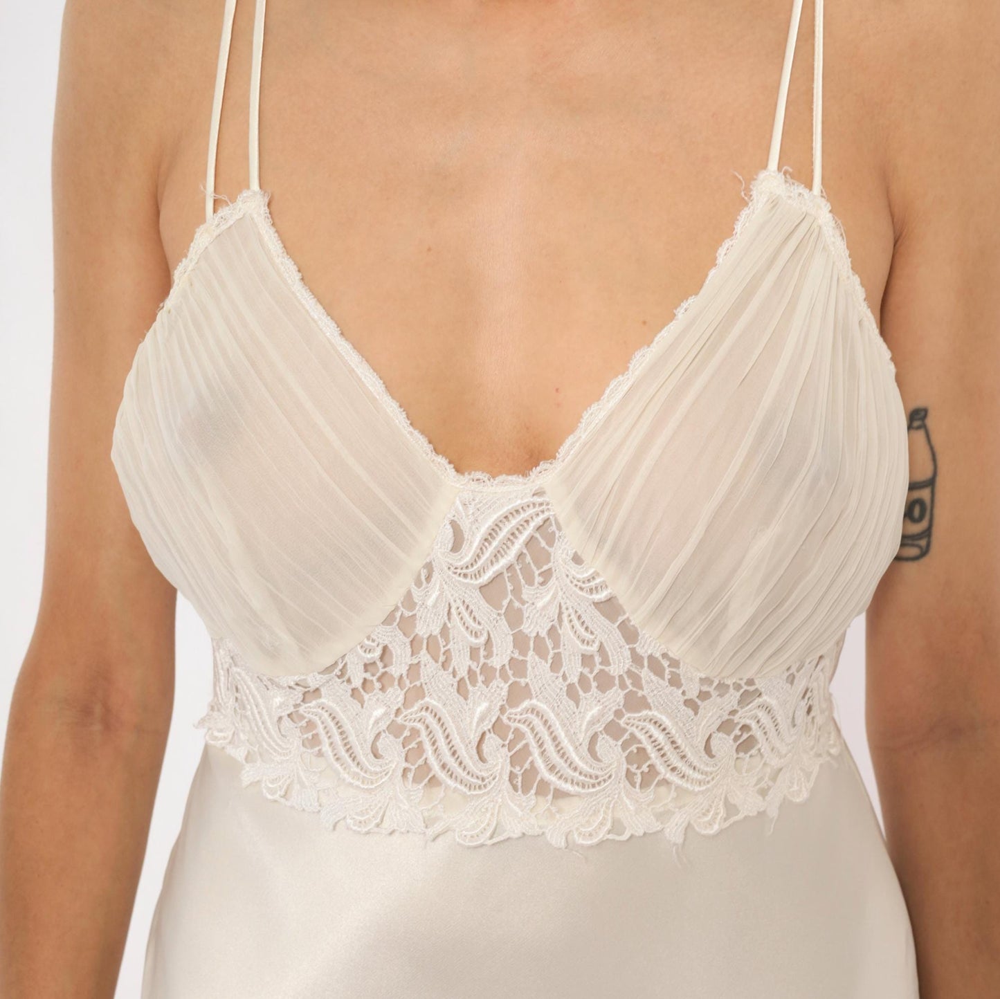 90s Just Flora Cream Satin Slip Dress Midi Lace Pleated Bust V Neck Large L