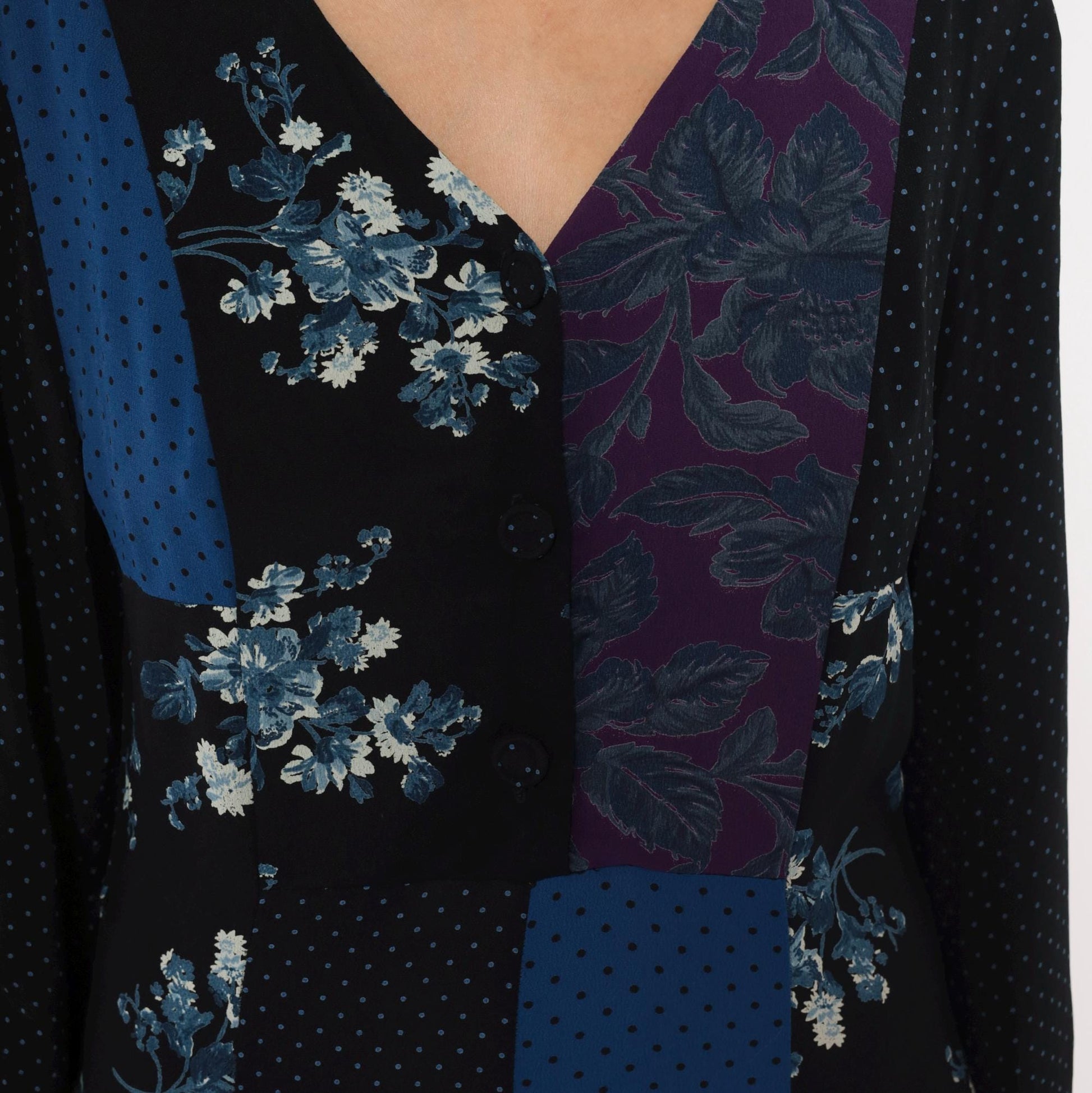 90s Carole Little Patchwork Floral Maxi Dress V Neck Button Front Medium M