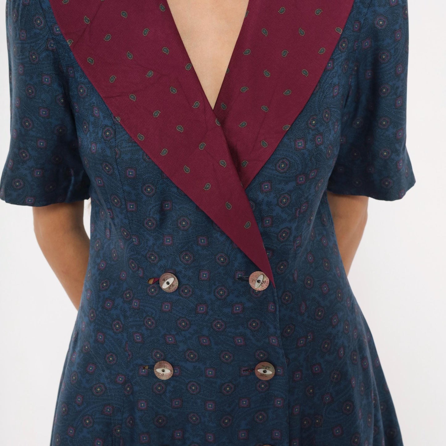 90s Donna Fredericks Navy Paisley Midi Dress Burgundy Shawl Collar Medium M