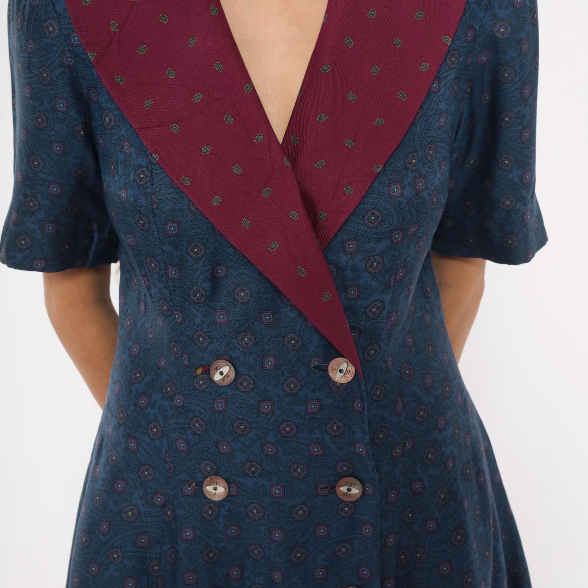 90s Donna Fredericks Navy Paisley Midi Dress Burgundy Shawl Collar Medium M
