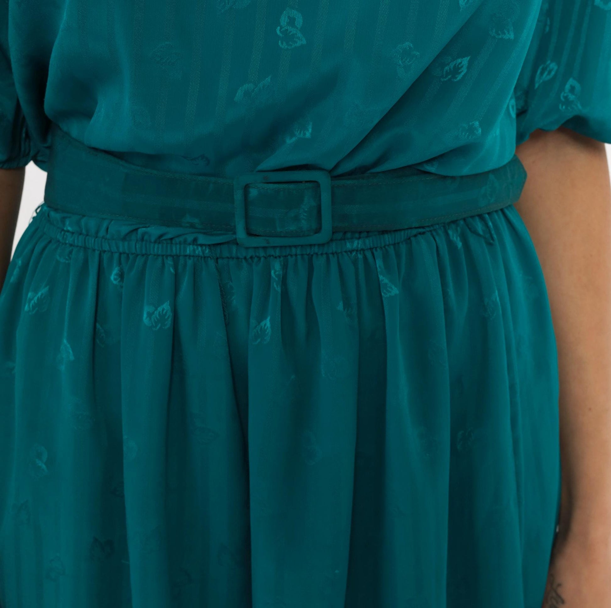 80s Liz Roberts Teal Jacquard Dress Puff Sleeve Boat Neck Knee-Length Medium
