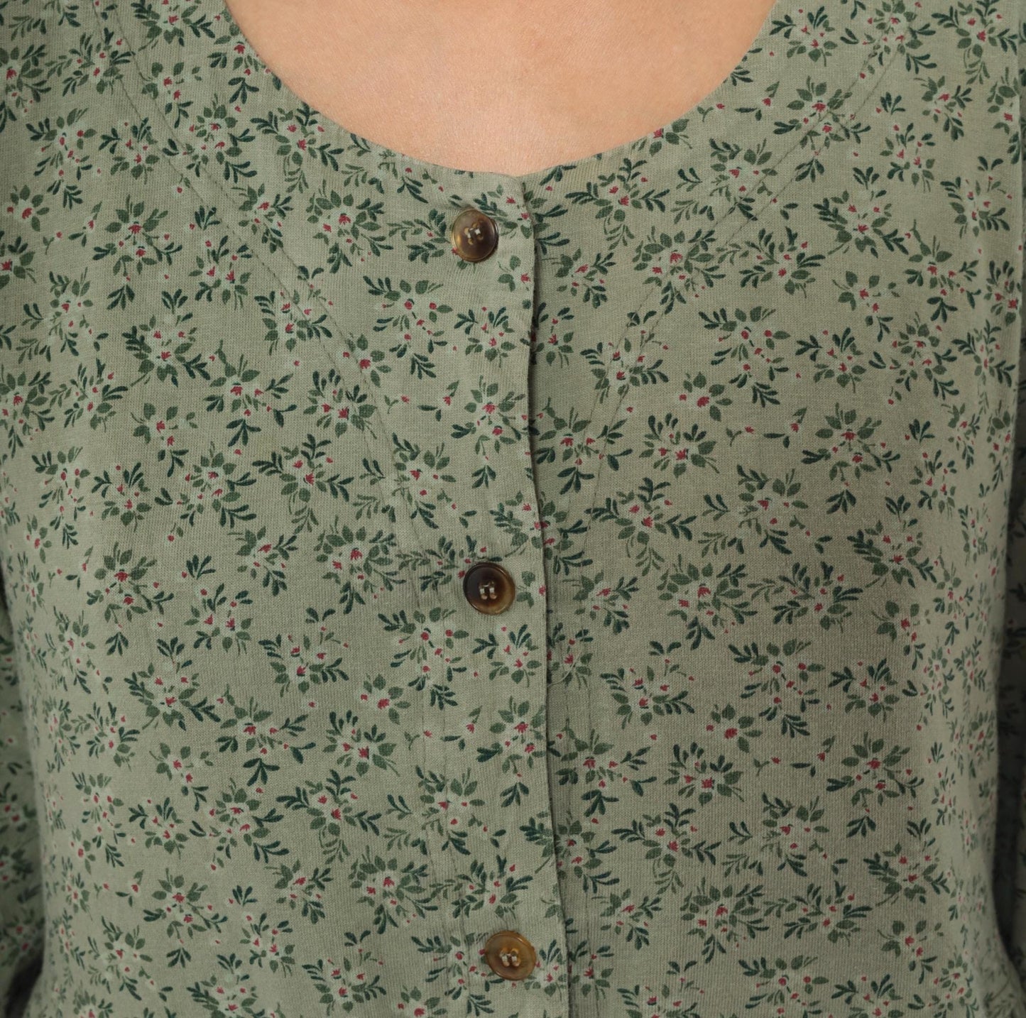 90s Sage Green Floral Button Front Dress Long Sleeve Cotton Prairie Gathered Waist Large L
