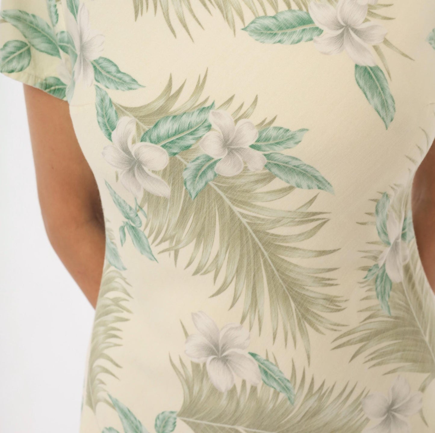 90s Hilo Hattie Hawaiian Dress Plumeria Palm Leaf Cream Olive Medium M