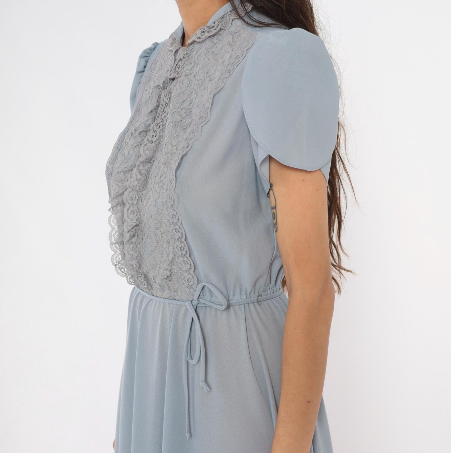 70s Powder Blue Lace Bib Midi Dress Puff Sleeve Keyhole Neckline Medium