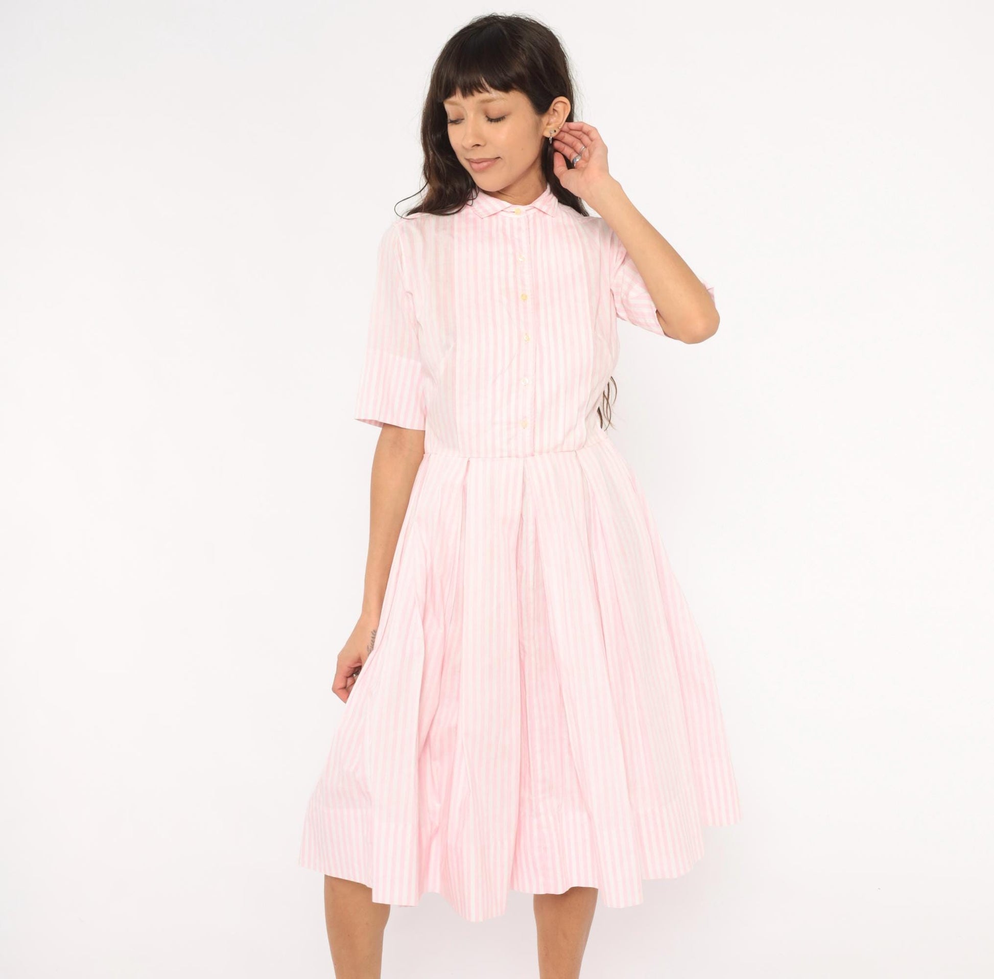 60s Pink White Striped Shirtdress Pleated Knee-Length Cotton Small