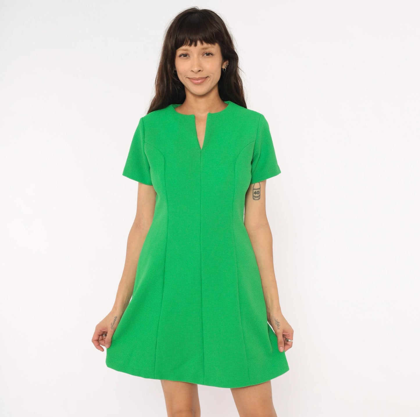 60s Sears Mod Mini Dress Green Shift Waffle Knit Fitted Waist Medium