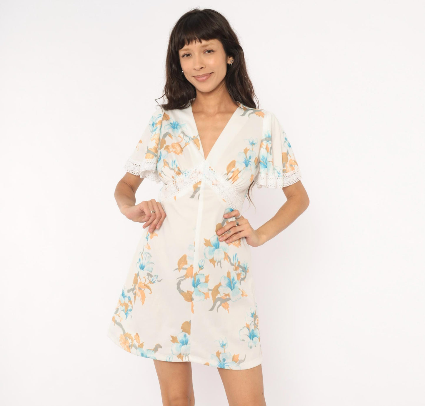 70s Sears Floral Mini Dress Flutter Sleeve V Neck White Blue Peach Small S