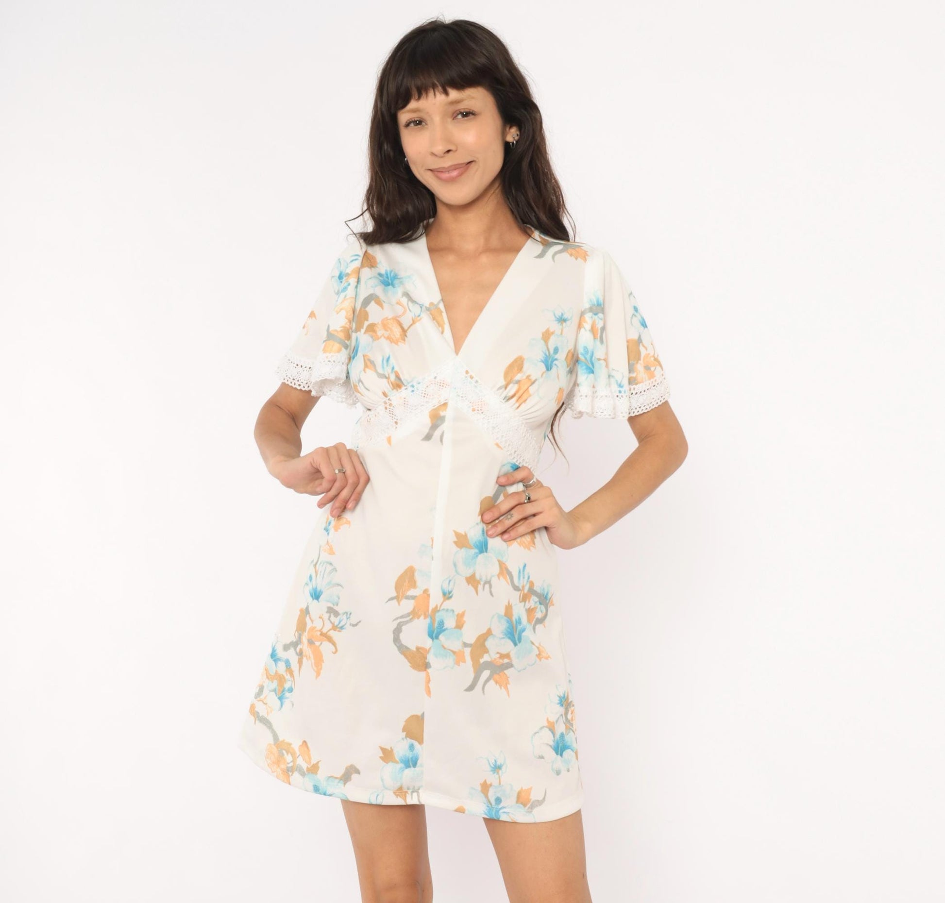 70s Sears Floral Mini Dress Flutter Sleeve V Neck White Blue Peach Small S