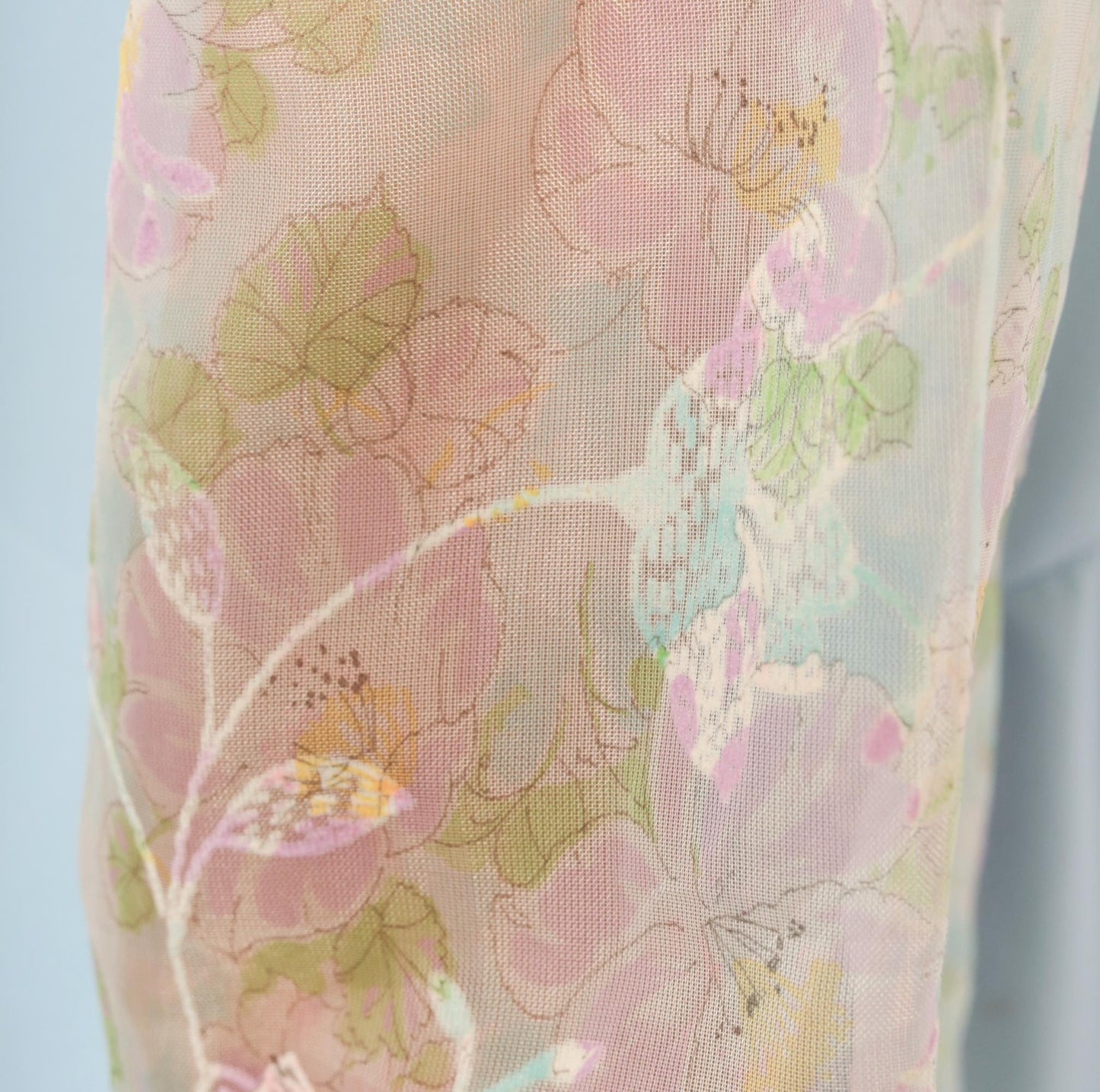 70s Sky Blue Mini Dress Sheer Floral Organza Bishop Sleeves Medium M