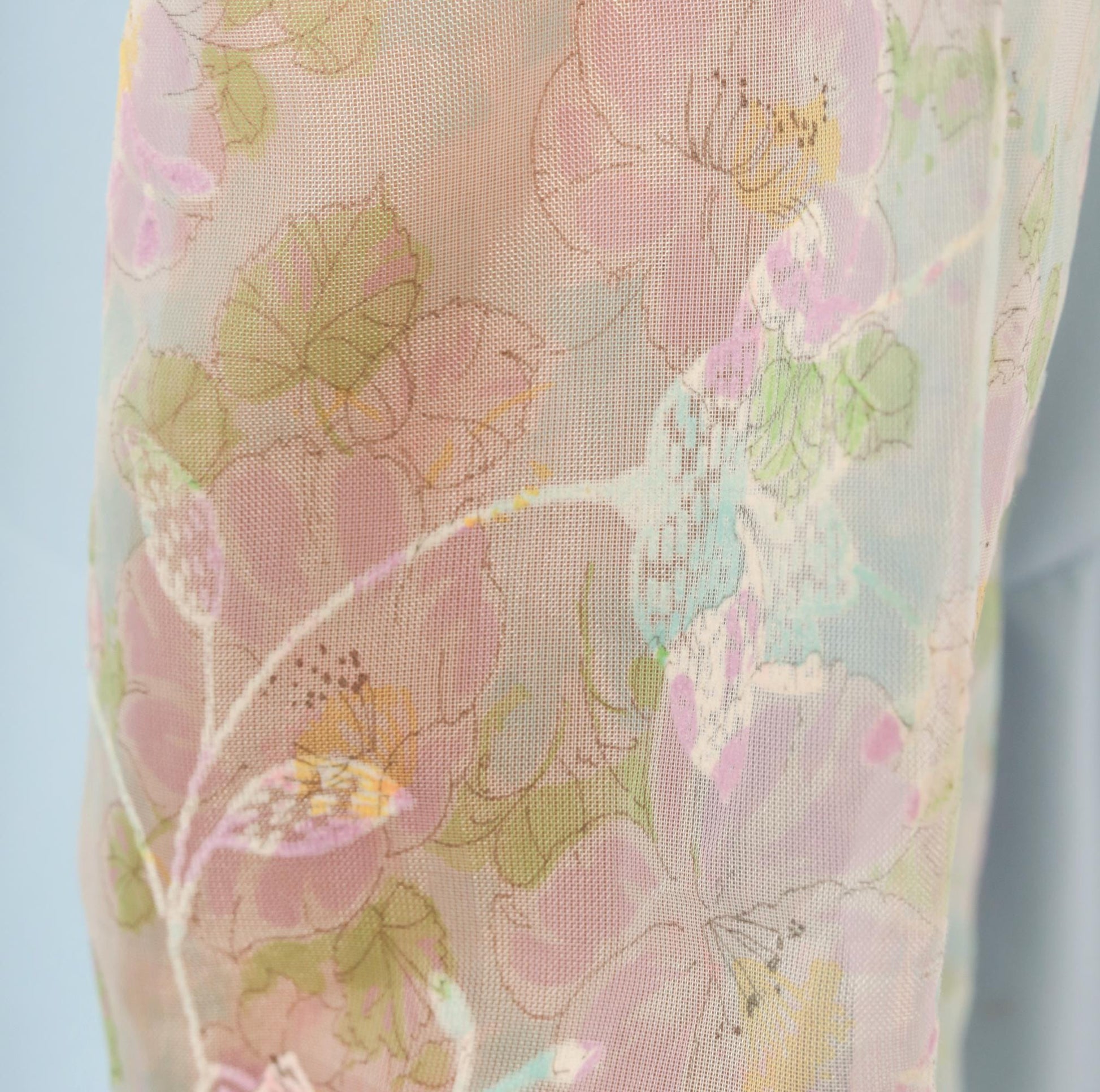 70s Sky Blue Mini Dress Sheer Floral Organza Bishop Sleeves Medium M
