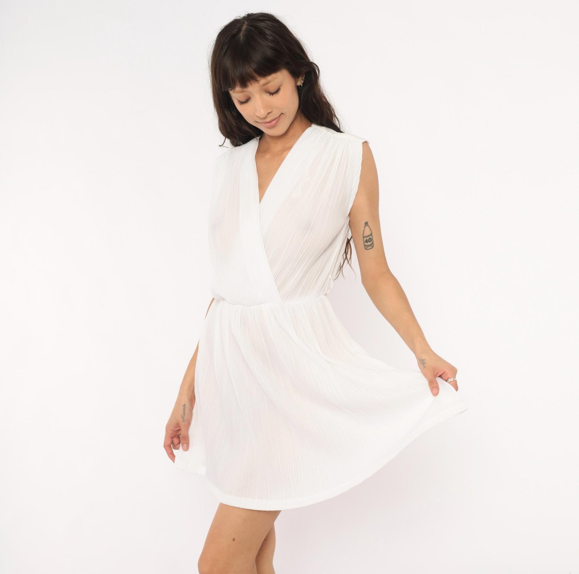 80s Jenny White Pleated Wrap Dress Chiffon V Neck Cap Shoulder Mini Small Medium