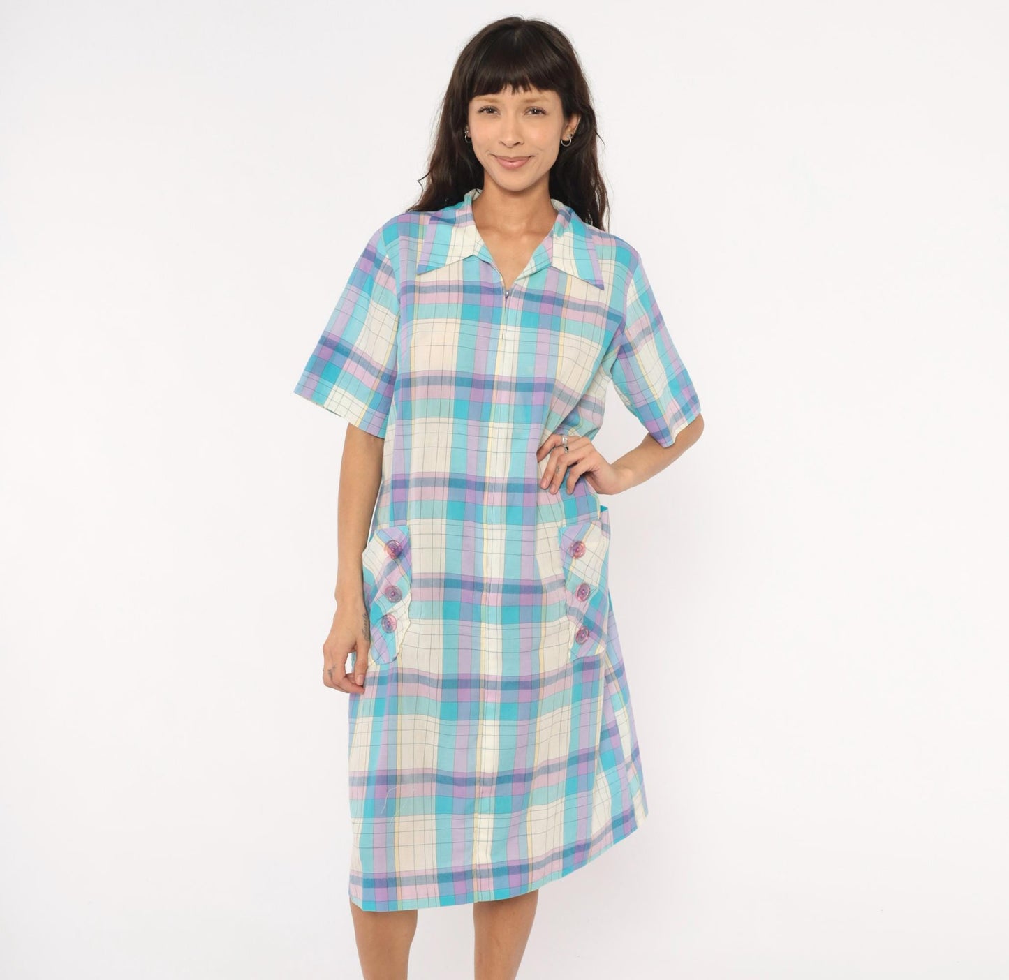 70s Pastel Plaid Zip-Front Housecoat Shift Dress Aqua Purple Knee Length Extra Large