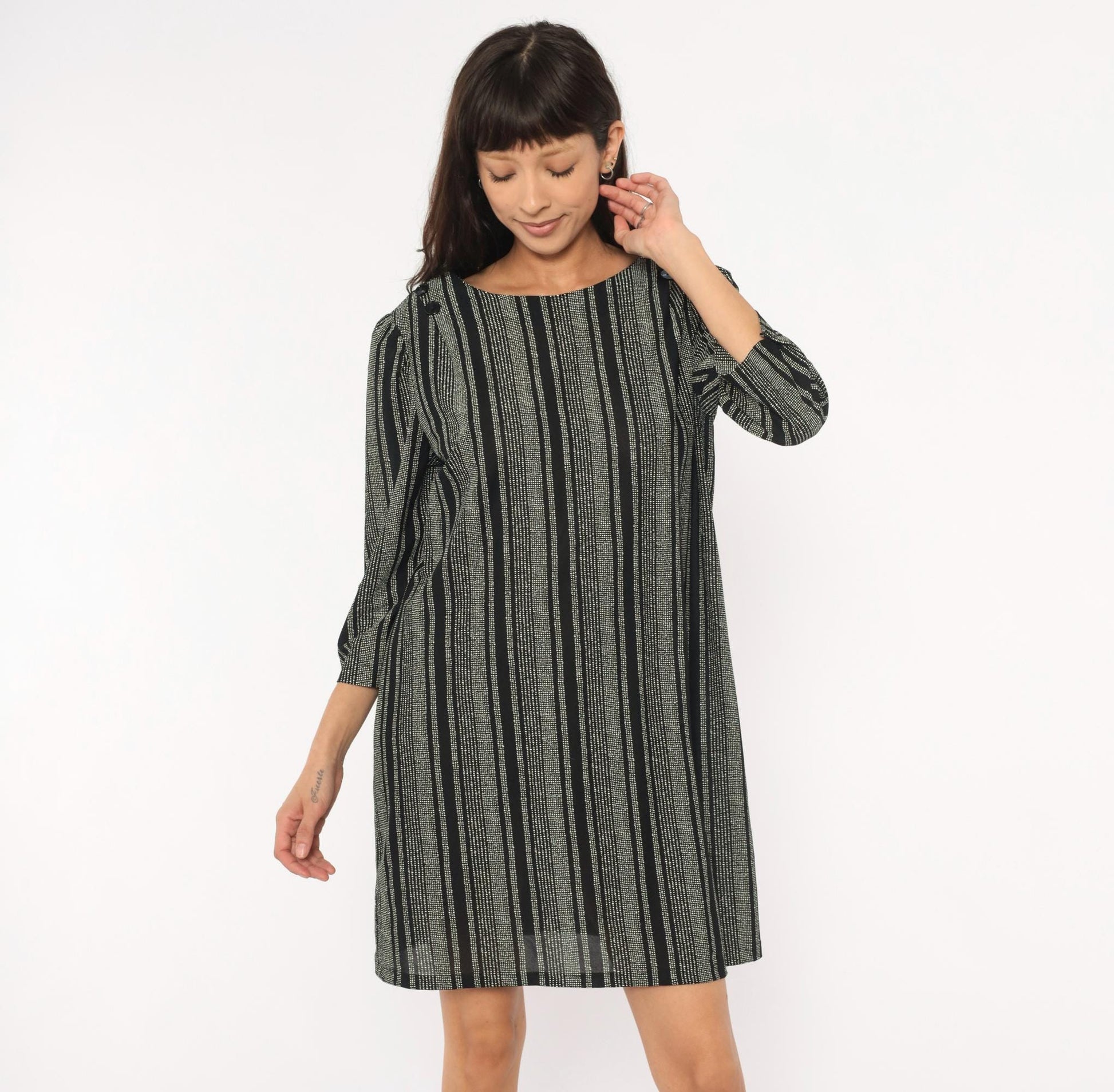 70s Zoey T Black White Striped Shift Dress Boat Neck Button Back Large