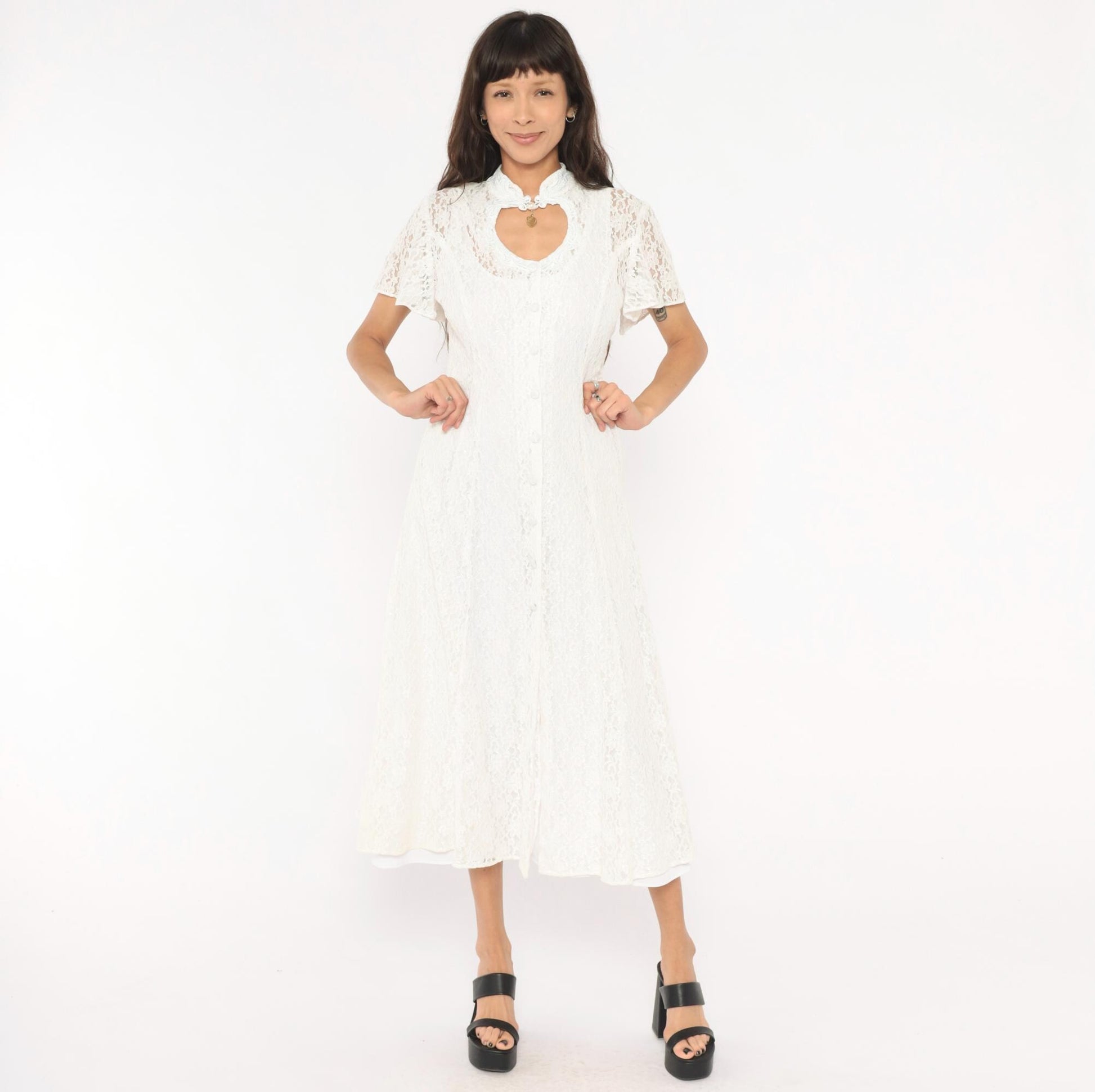 90s Jody White Lace Midi Dress Heart Cutout Mandarin Collar Small
