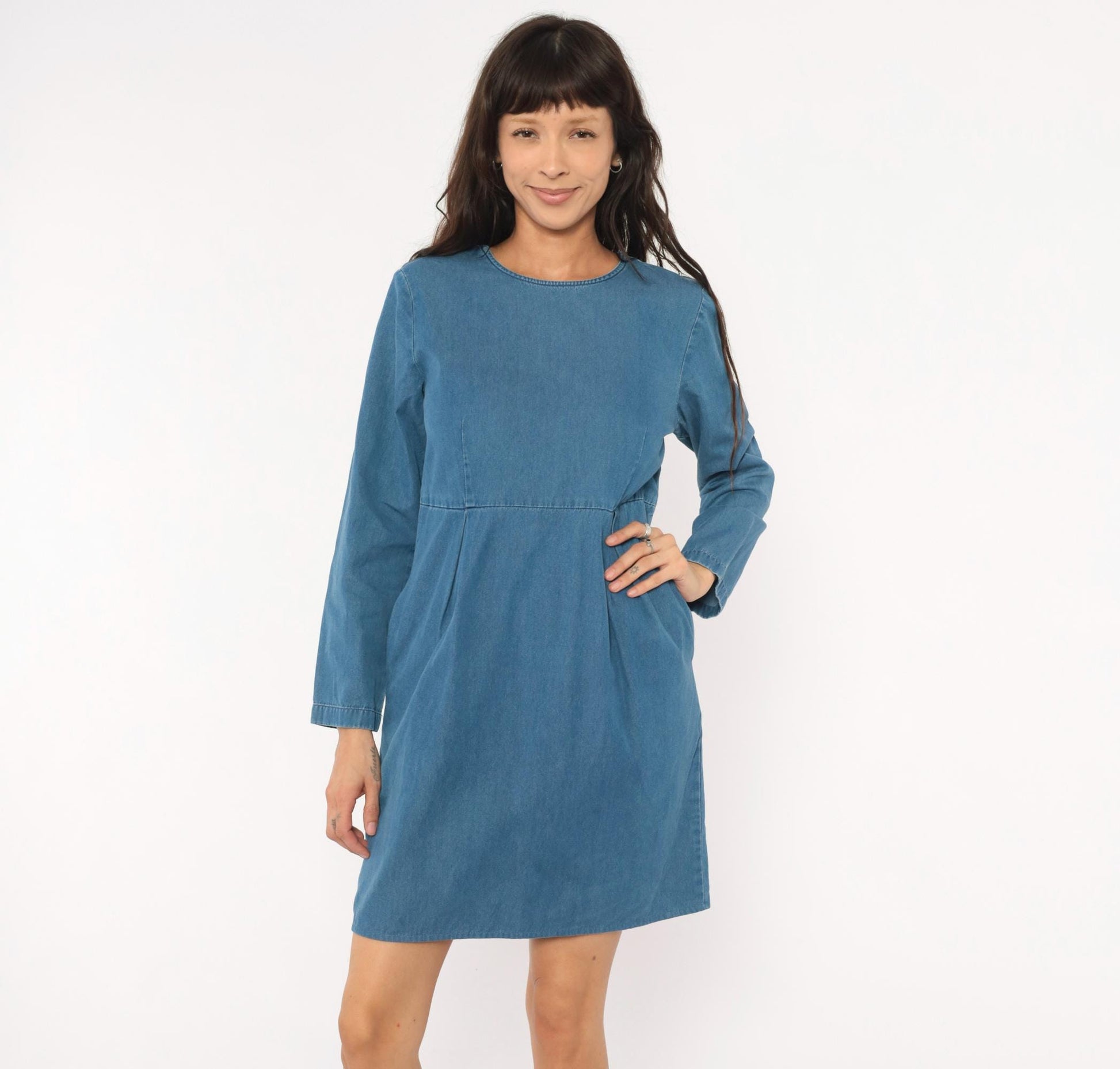 90s Talbots Denim Dress Knee Length Cotton Chambray Long Sleeve Medium M