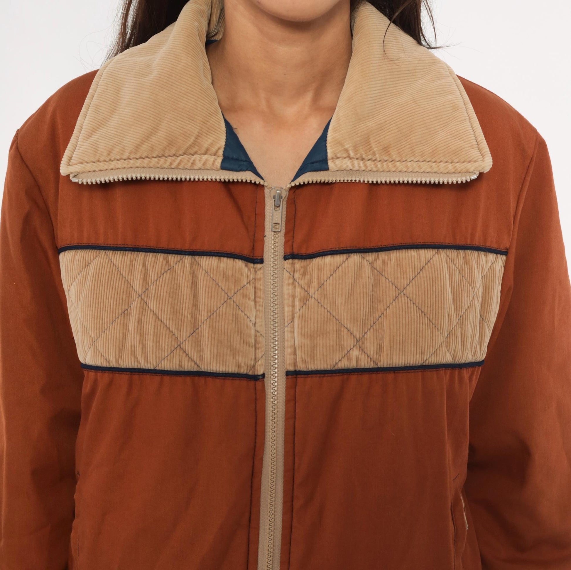 70s Golden Bay Ski Bomber Jacket Rust Brown Corduroy Color Block Small