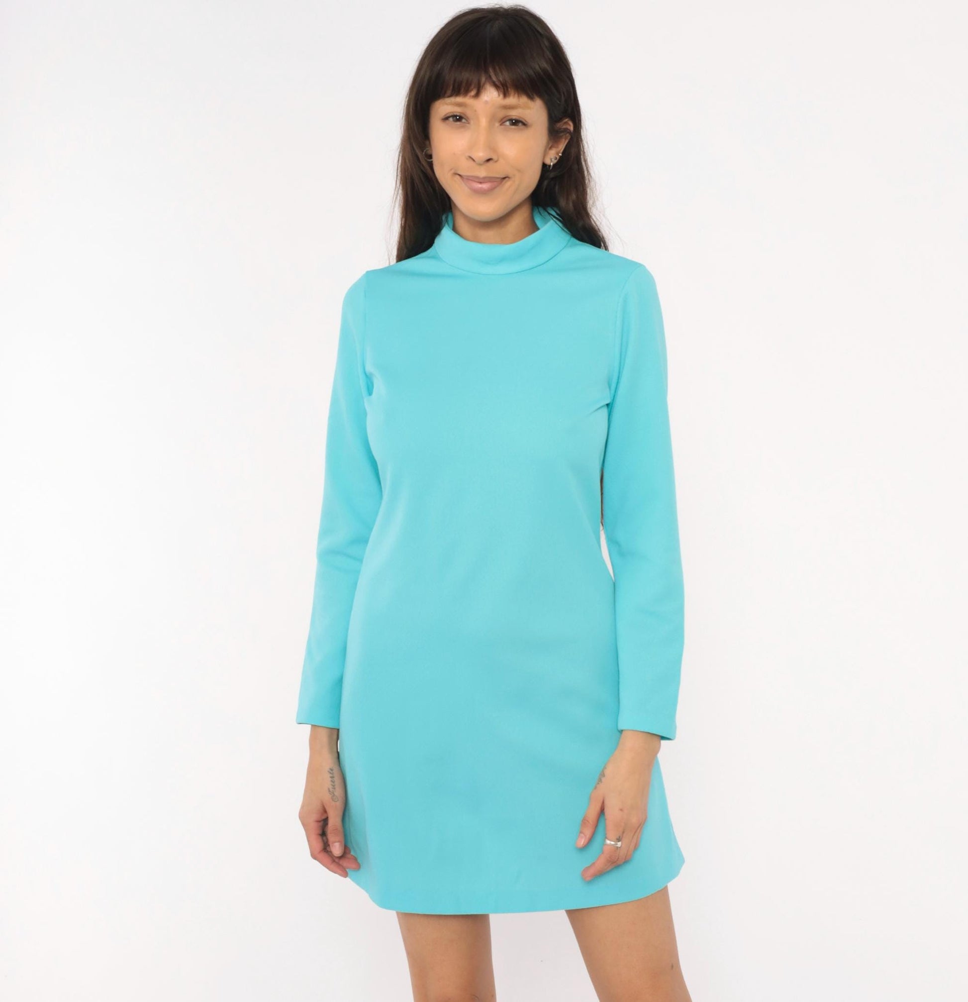 70s Aqua Mock Neck Mini Dress Long Sleeve Shift Turquoise Small