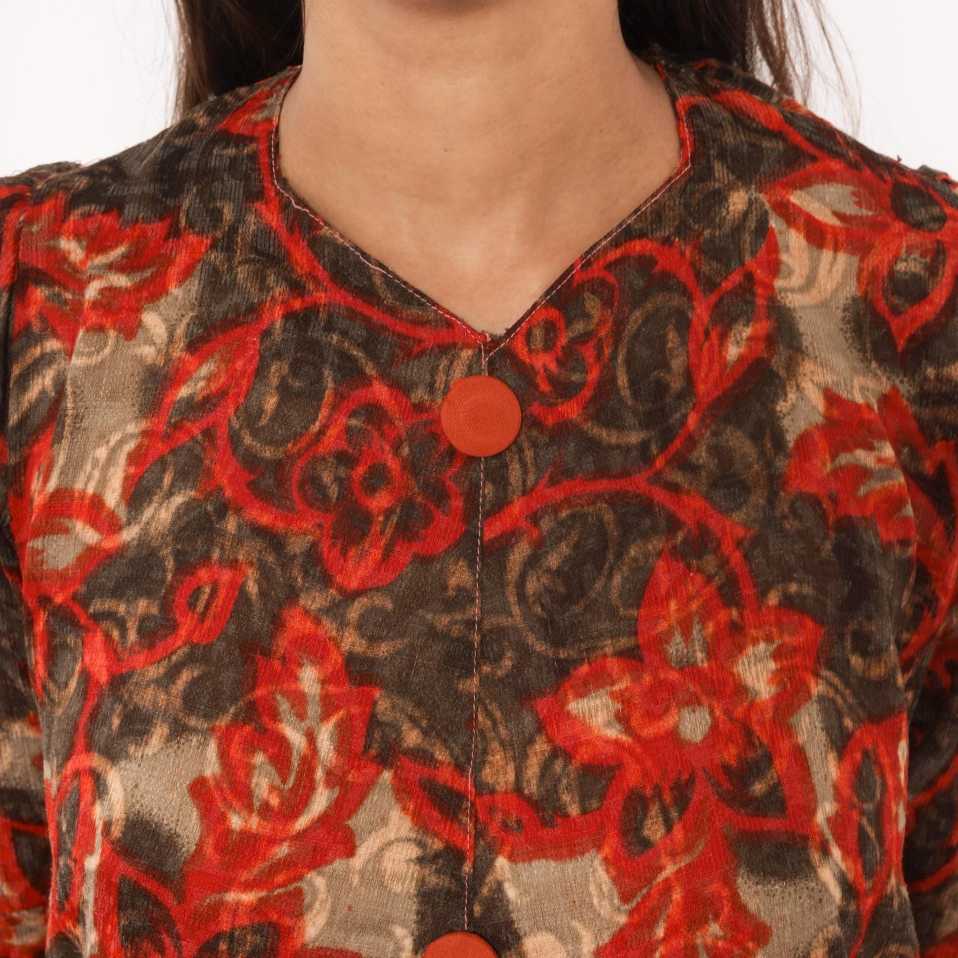 90s Floral Vine Dress Red Brown Scrolling Leaf Print V Neck Puff Shoulder Small S