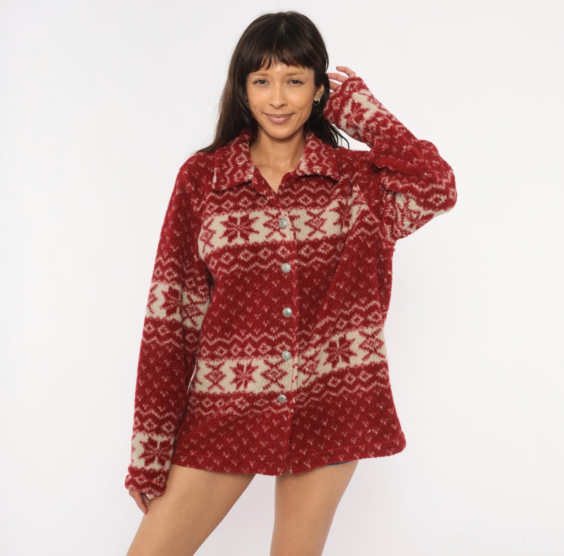 90s White Stag Nordic Fleece Shacket Cranberry Snowflake Fair Isle Large L