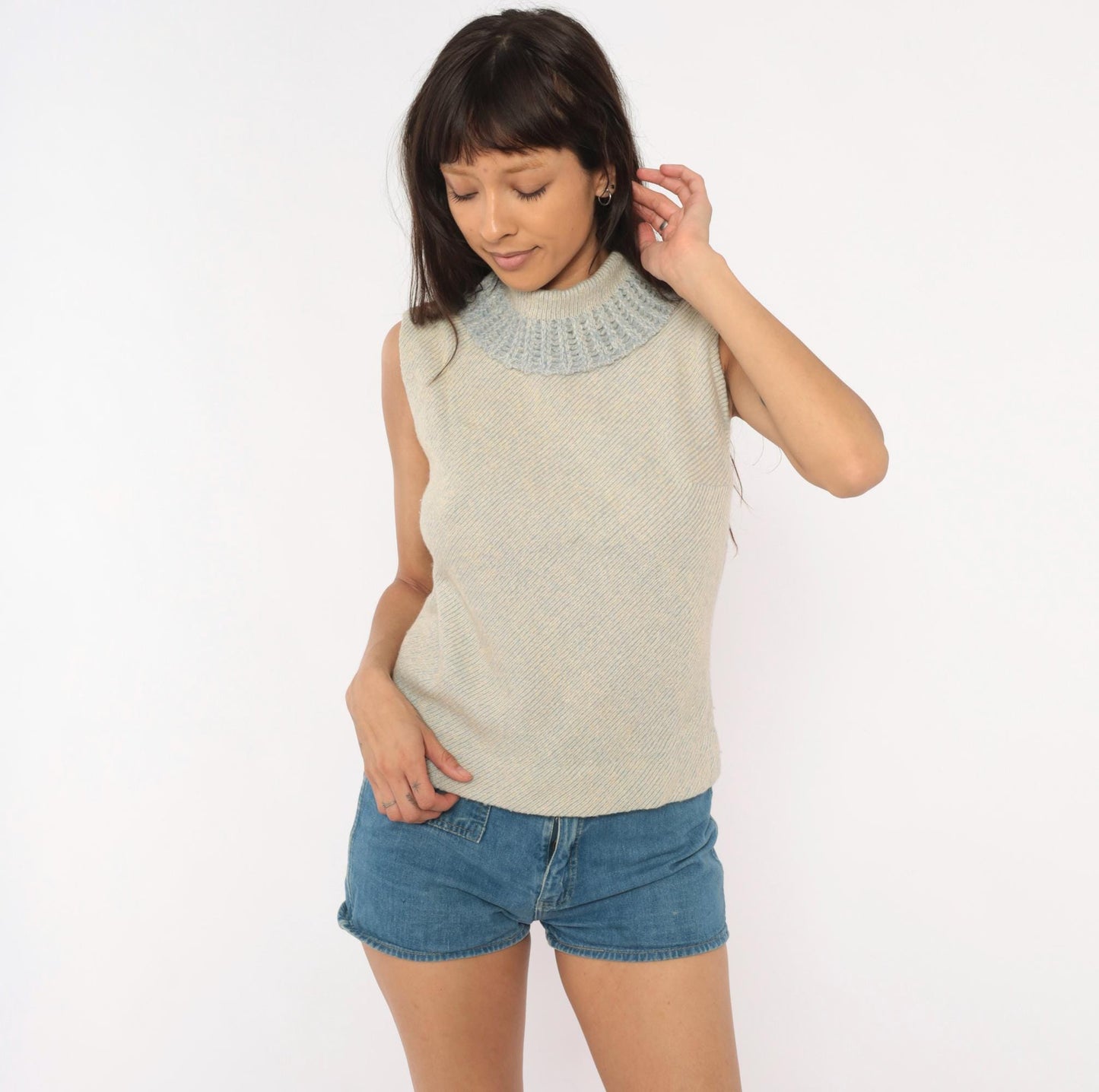 60s Gino Faves Wool Sleeveless Knit Vest Mock Neck Grey Cream Small S