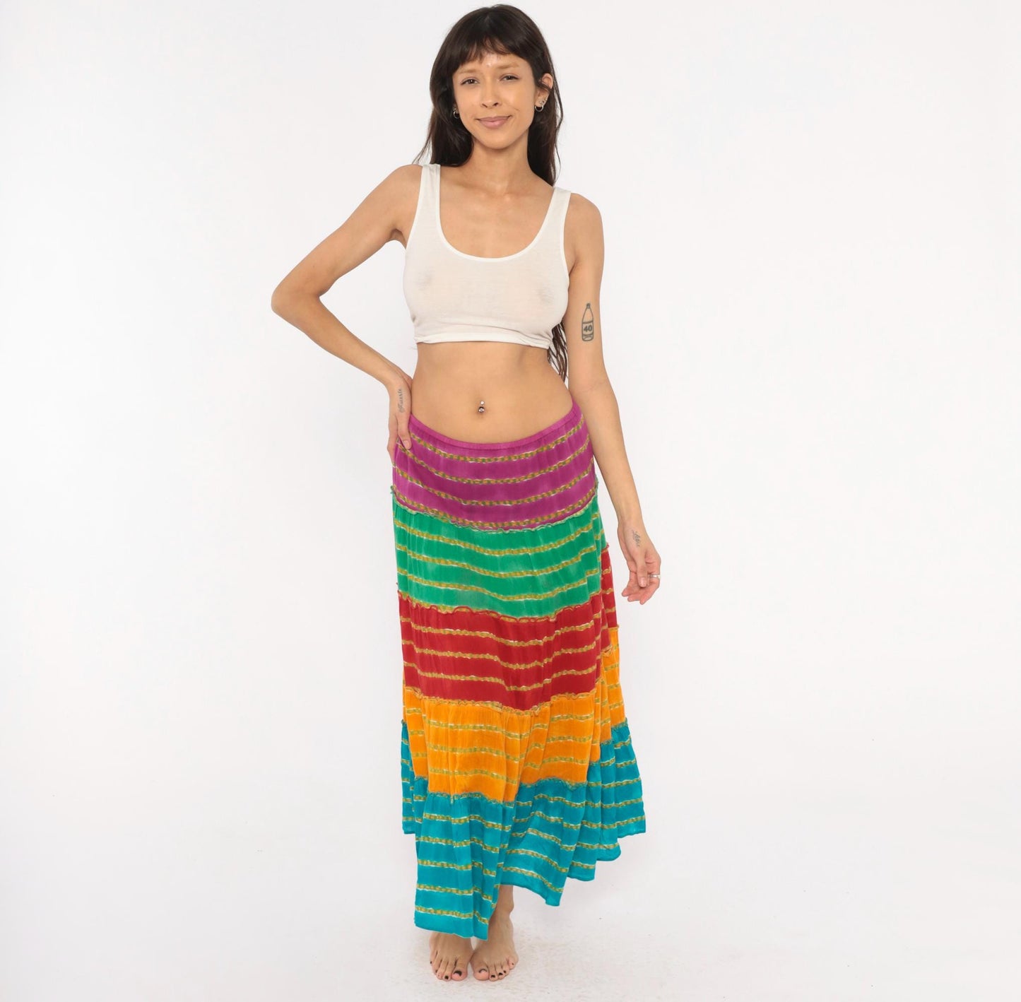 90s Rainbow Broomstick Maxi Skirt Tiered Striped Cotton Crinkled Extra Large XL