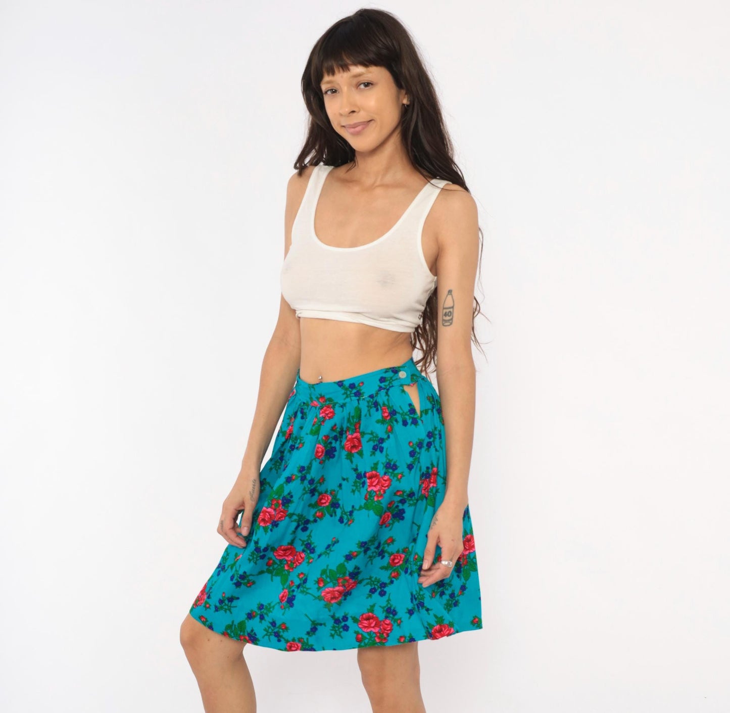 70s Teal Floral Cotton Mini Skirt High-Waisted A-Line Button Back Small S