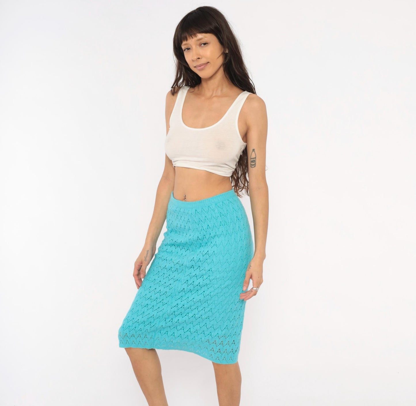 70s Aqua Crochet Pencil Skirt Chevron Knit Midi Knee-Length Small
