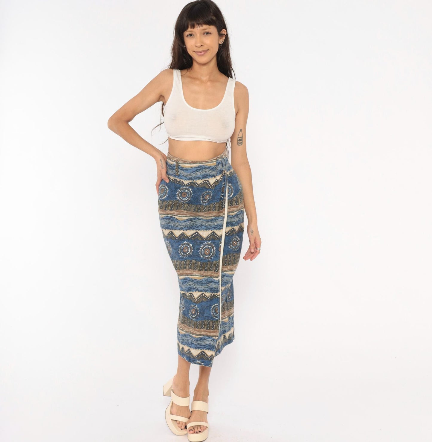 90s Southwestern Tribal Midi Skirt Blue Cream Cotton High Waist Wrap Small